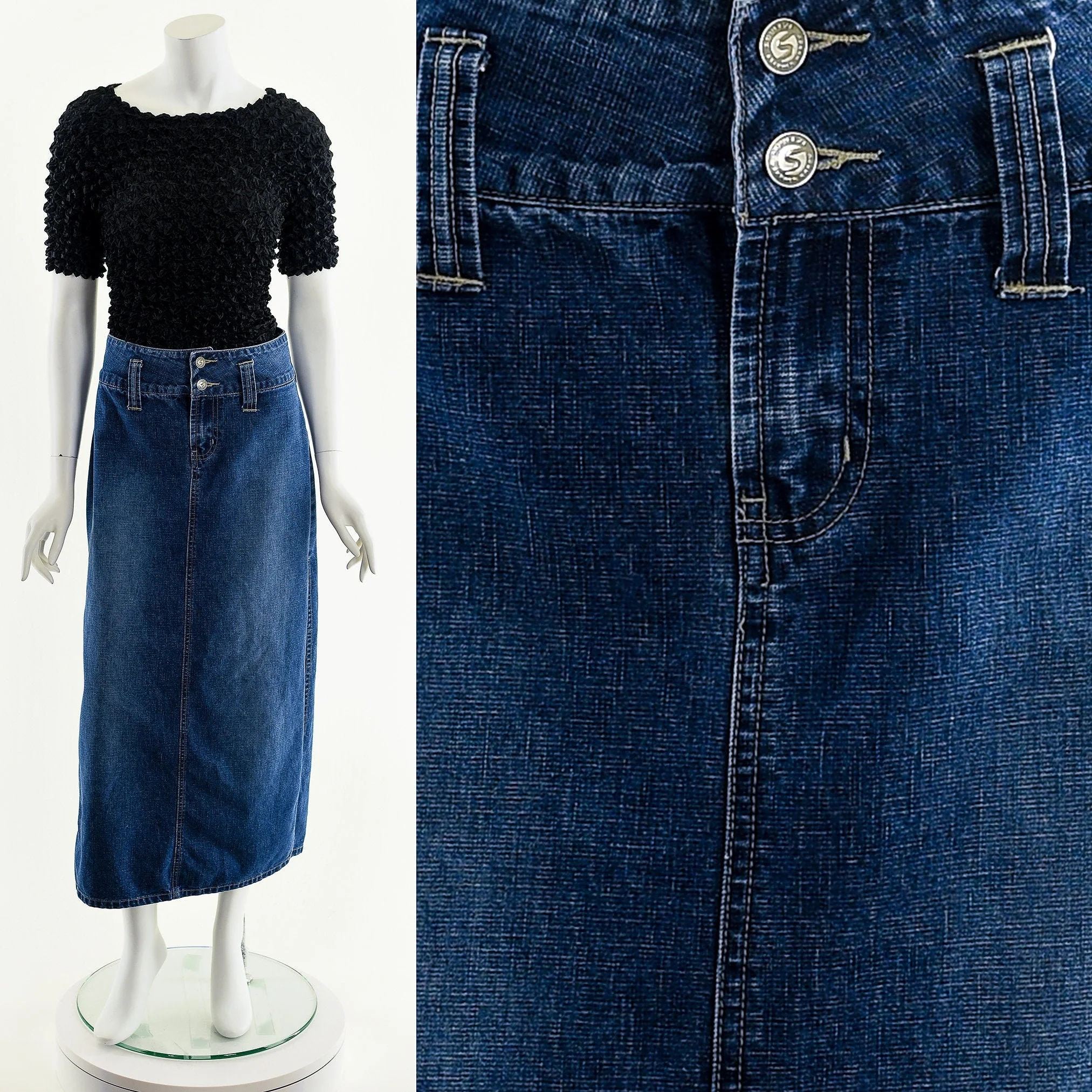 00s Dark Maxi Low Rise High Slit Jean Skirt Vintage by Squeeze - Image 3