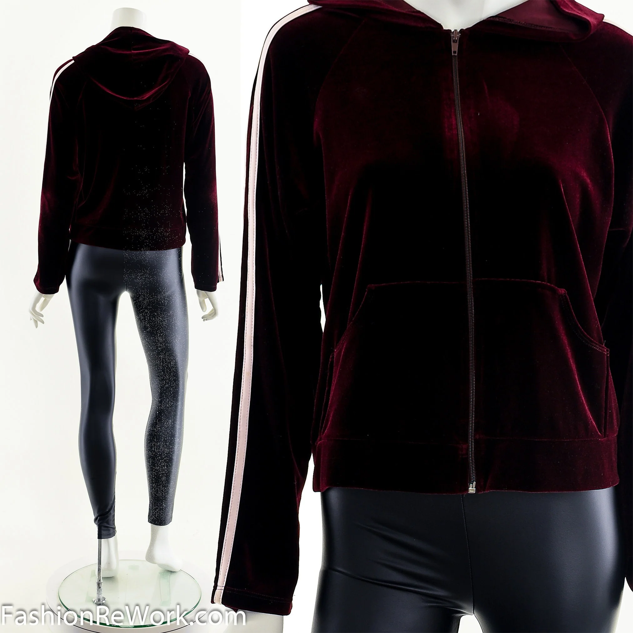 00s Dark Red Velour Track Suit Jacket Hoodie by Izzy Usa - Image 3