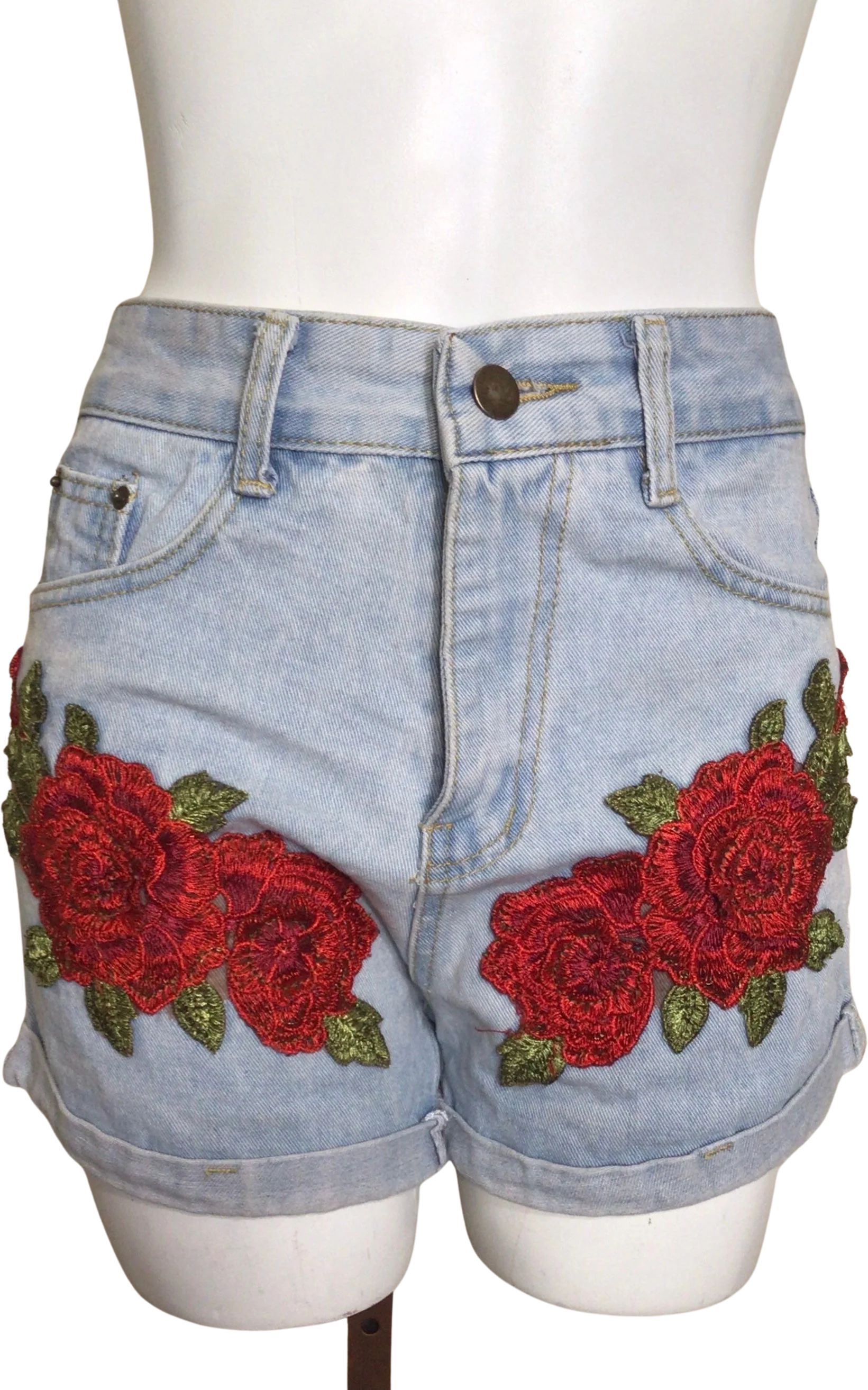 00s Distressed Blue Jean Red Rose Denim Cut Off Shorts