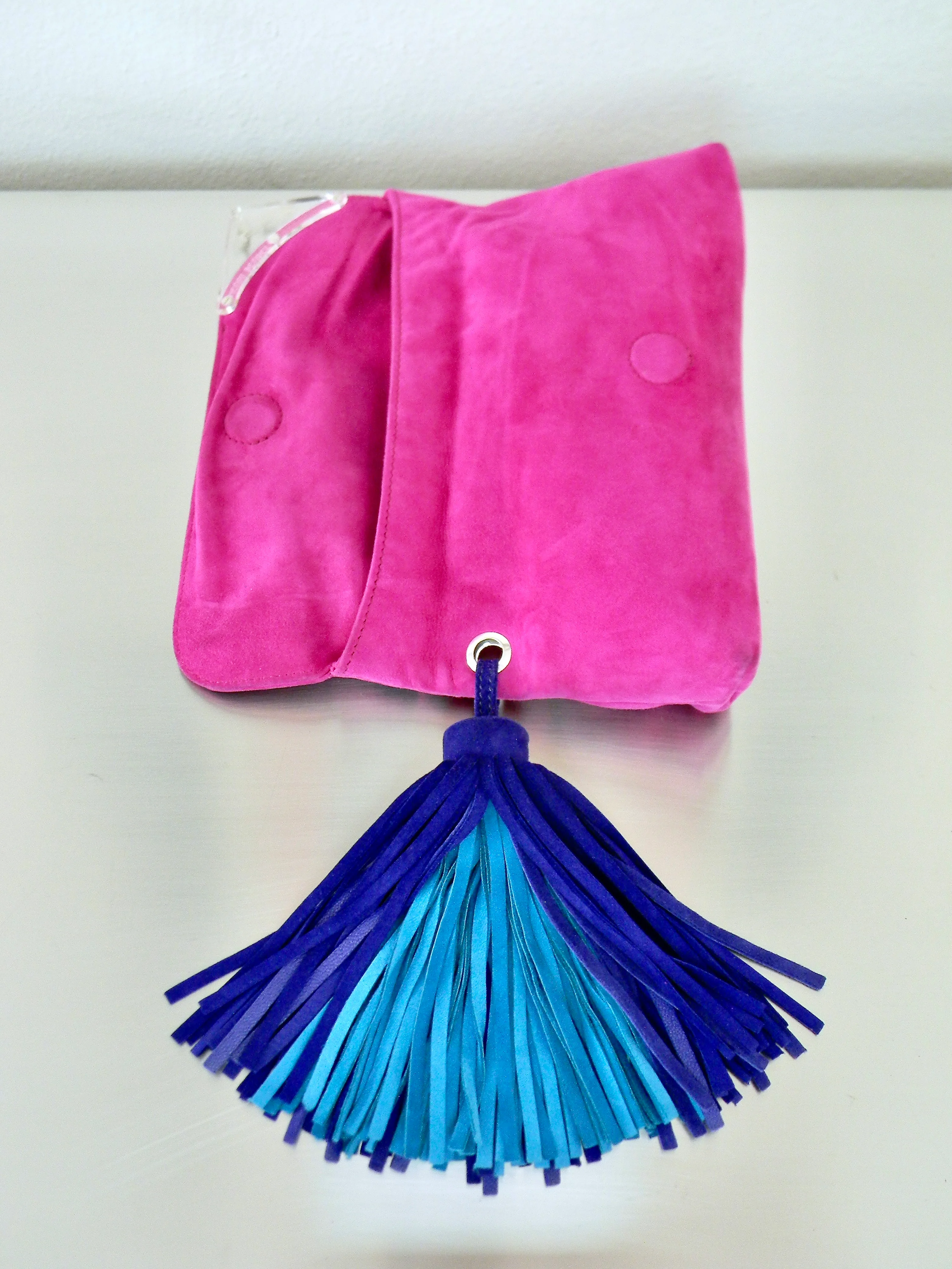 00s Fuchsia,indigo And Turquoise Suede Tassel Clutch By Henri Bendel - Image 4