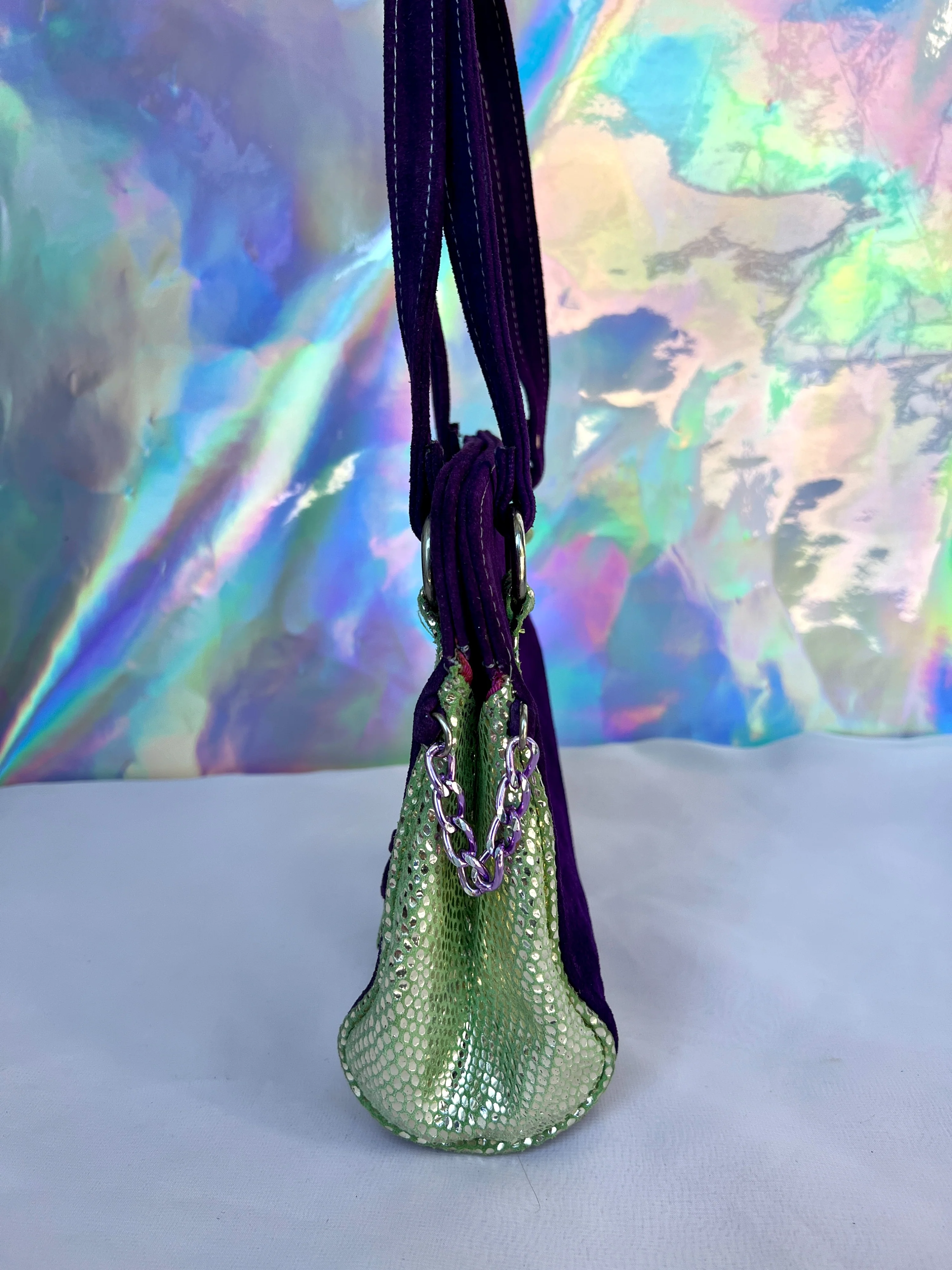 00s Green and Purple Leather Laced Up Purse by Bianca White - Image 3