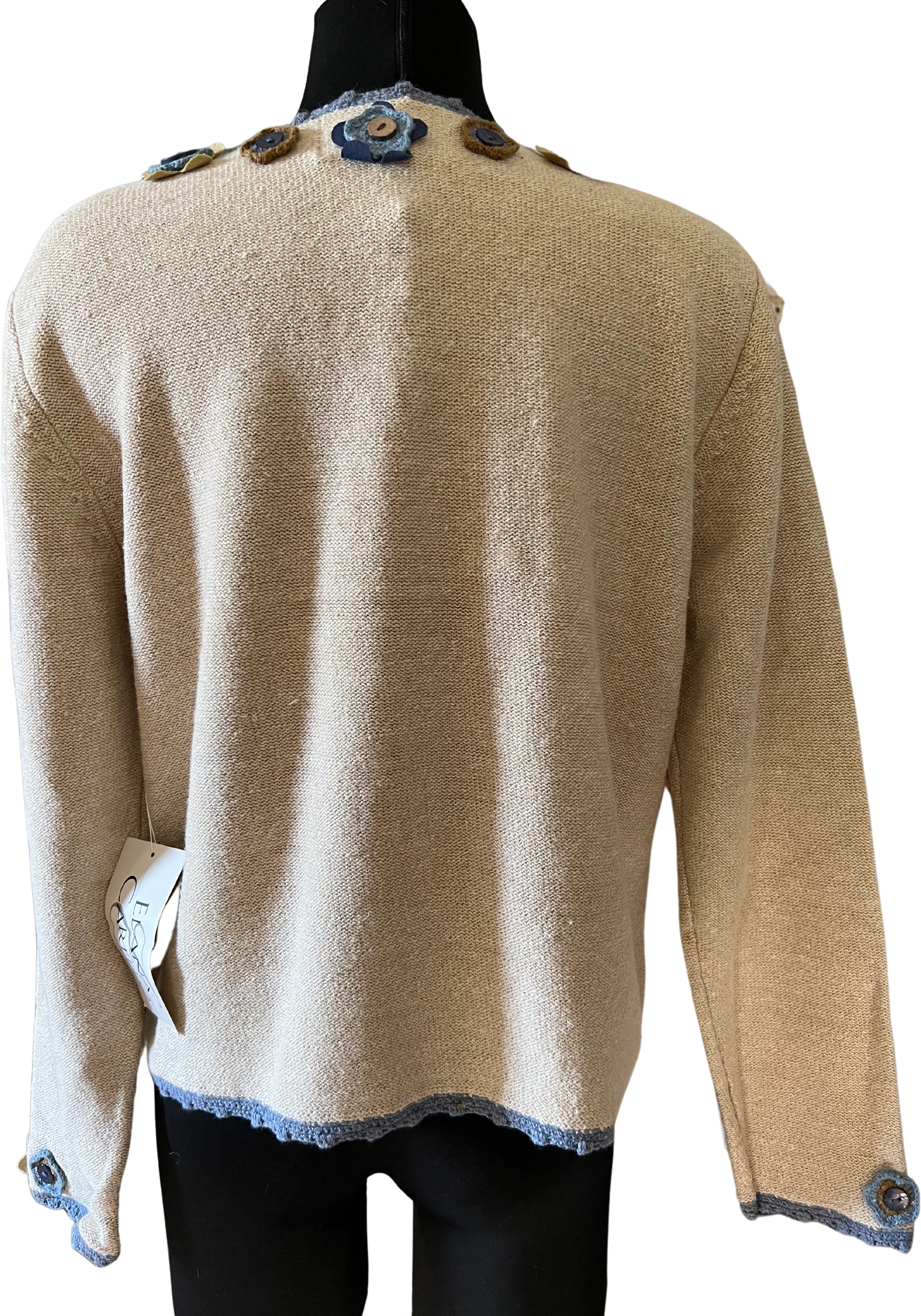 00s Heather Oatmeal Cardi With Denim Crochet Details By Elana Carello - Image 2