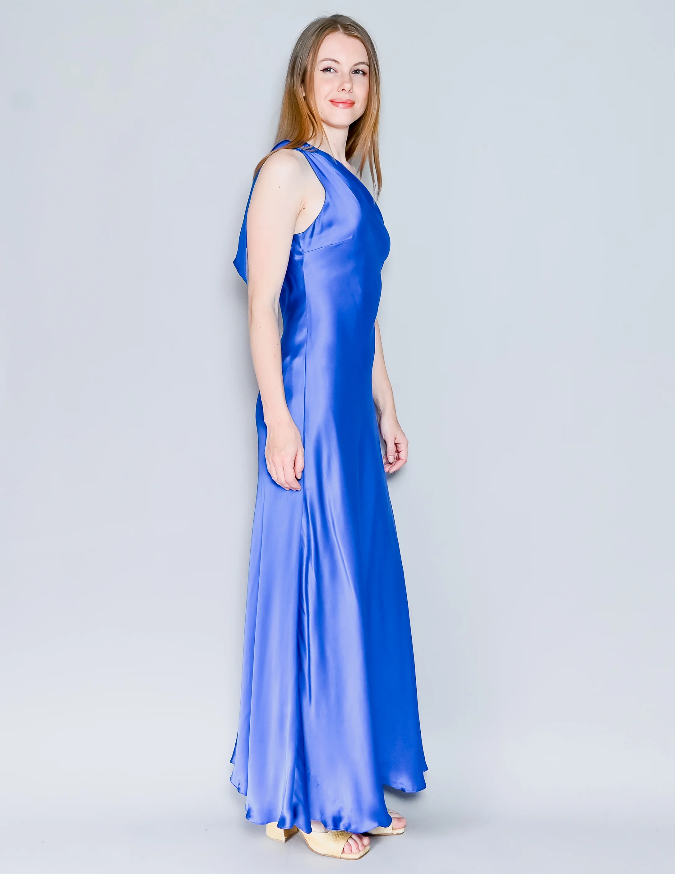 00s Liquid Deep Blue Silk Gown Maxi Dress By Caché - Image 3