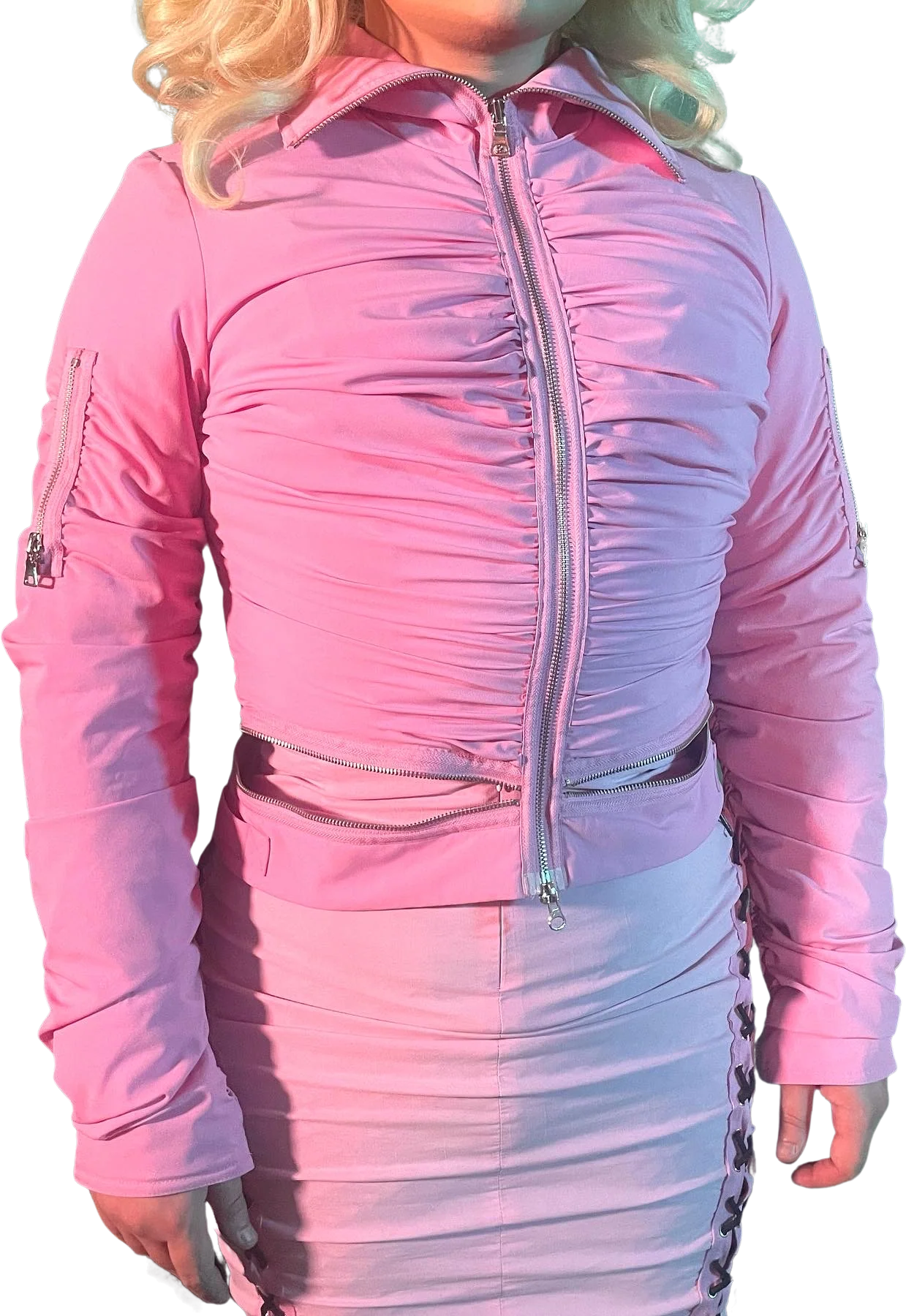 00s Pink Ruched Zippered Moto Style Bomber Jacket By Caché