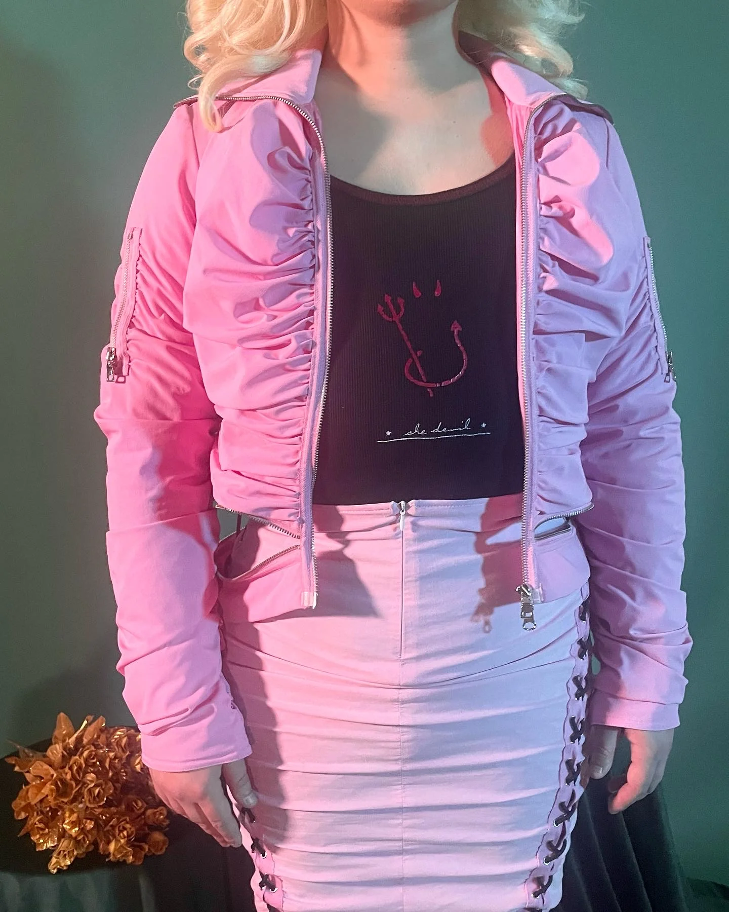 00s Pink Ruched Zippered Moto Style Bomber Jacket By Caché - Image 3