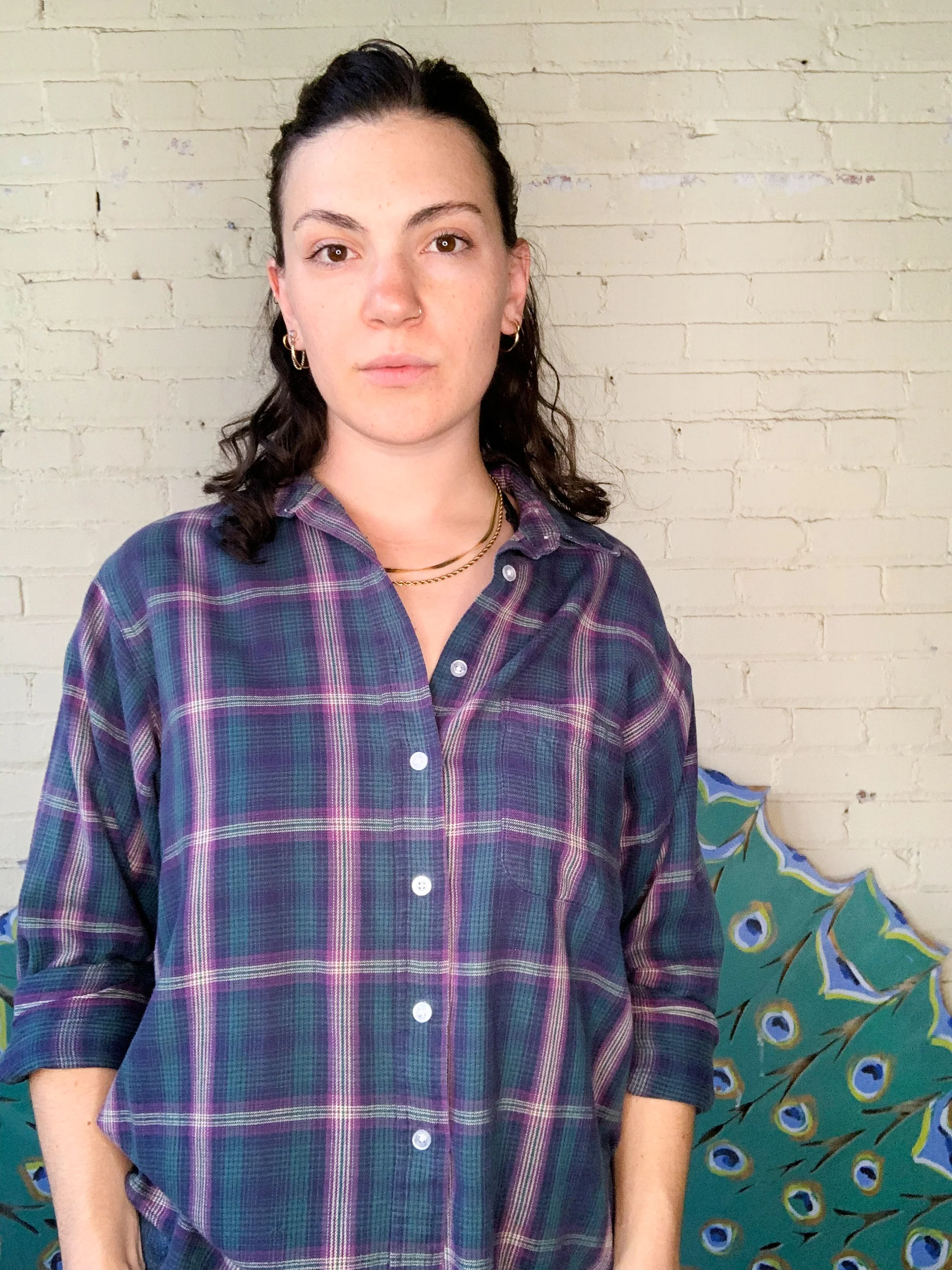 00s Purple Green Plaid Button Up Oxford Medium By L.L. Bean - Image 3