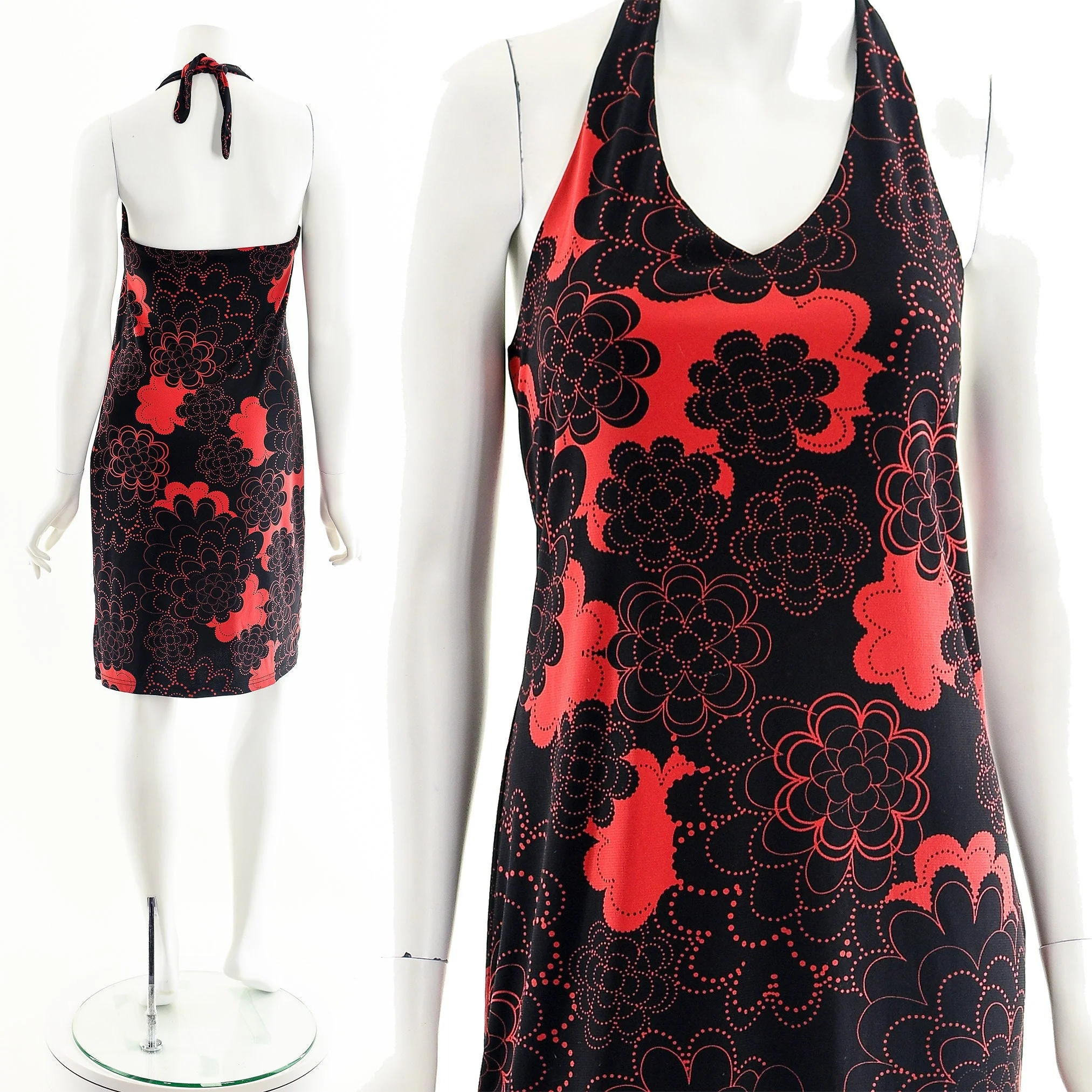 00s Red Black Floral Halter Mini Dress - Image 2