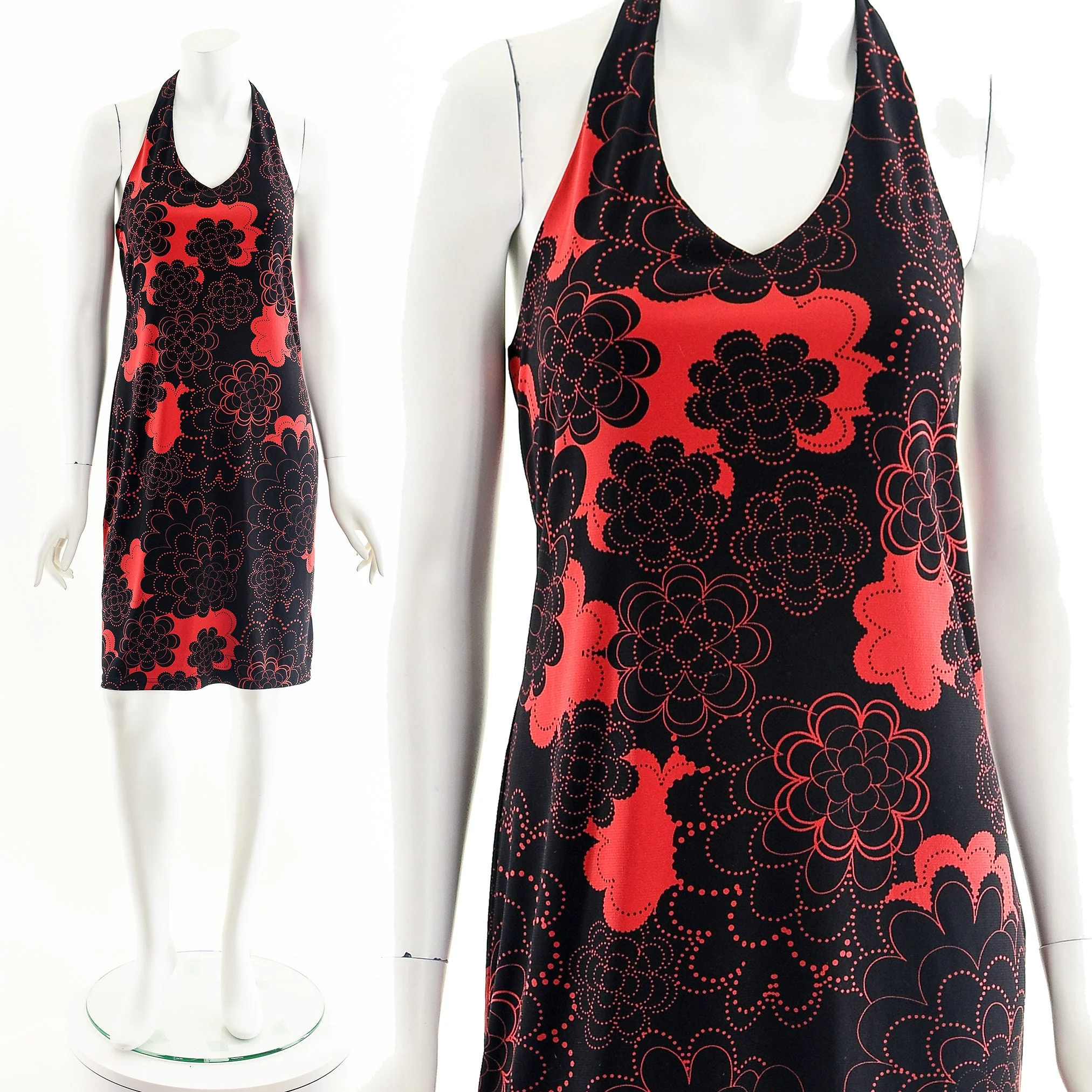 00s Red Black Floral Halter Mini Dress - Image 4