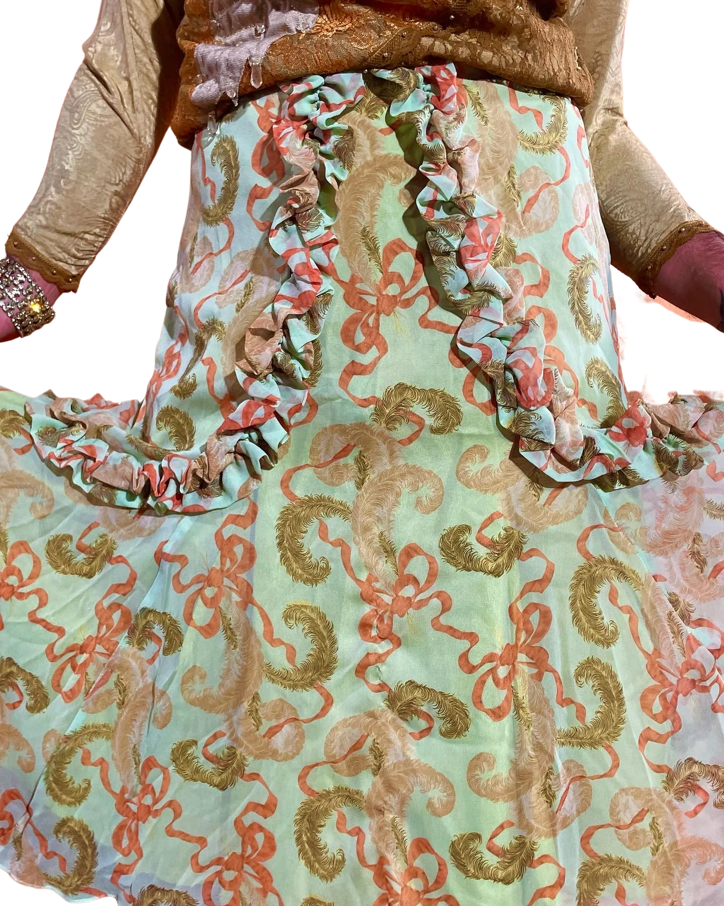 00s Ribbon Feather Rococo Ruffle Chartreuse Silk Skirt By James Caviello