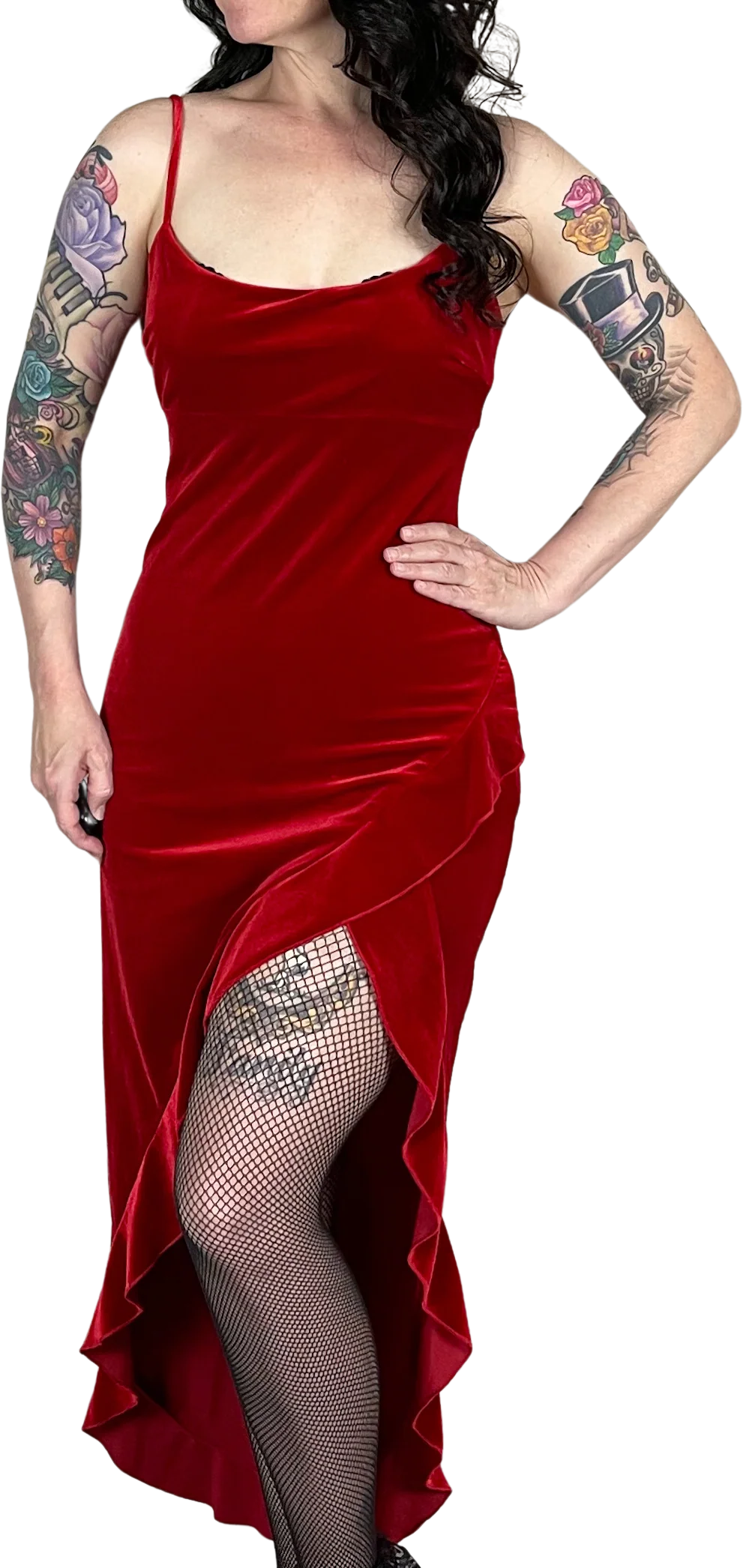 00s Sexy Red Velvet Midi Dress By Frederick's of Hollywood