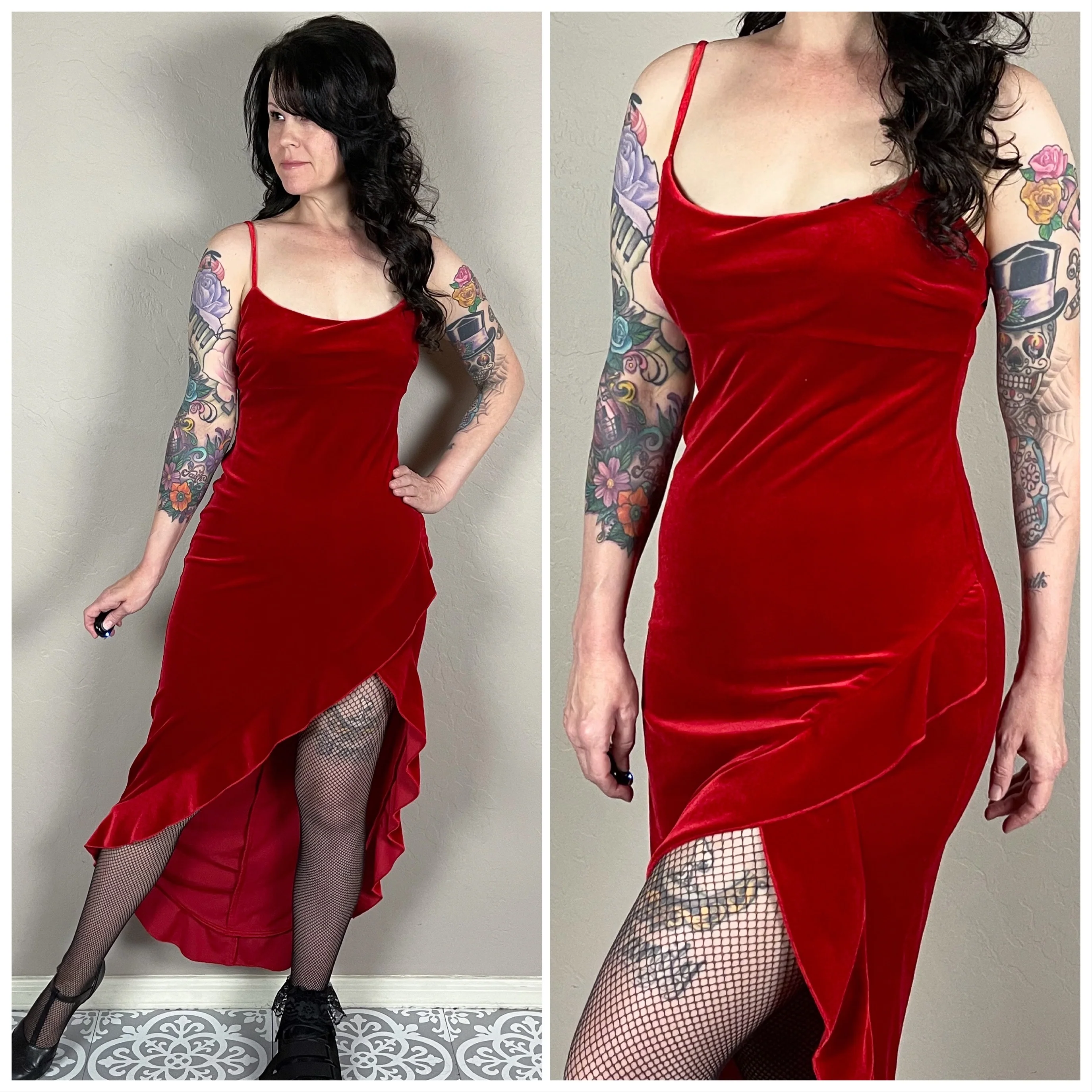 00s Sexy Red Velvet Midi Dress By Frederick's of Hollywood - Image 2