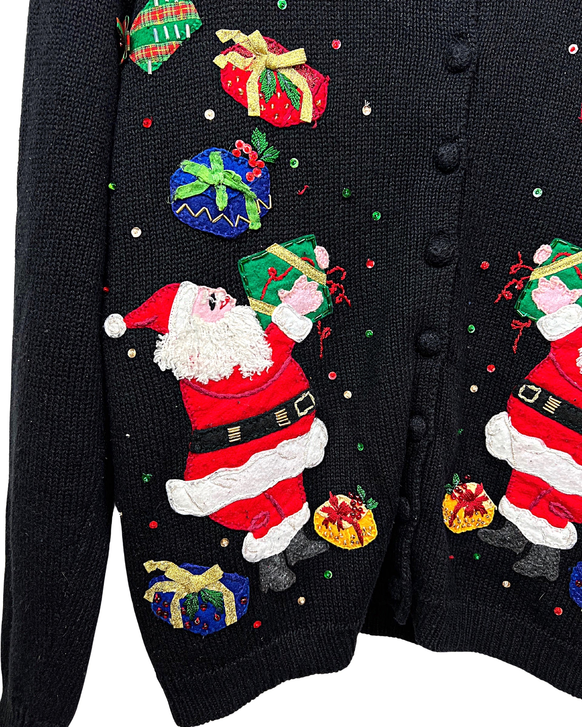 00s Ugly Christmas Sequin Santa Shawl Collar Sweater By Tiara International - Image 4