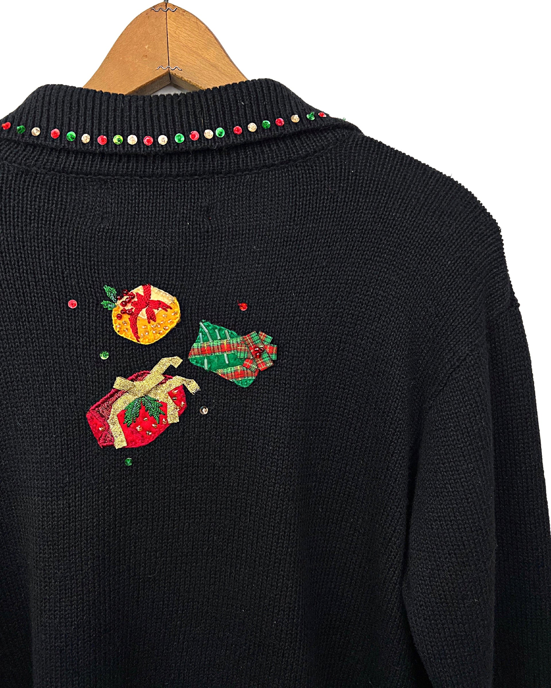 00s Ugly Christmas Sequin Santa Shawl Collar Sweater By Tiara International - Image 6