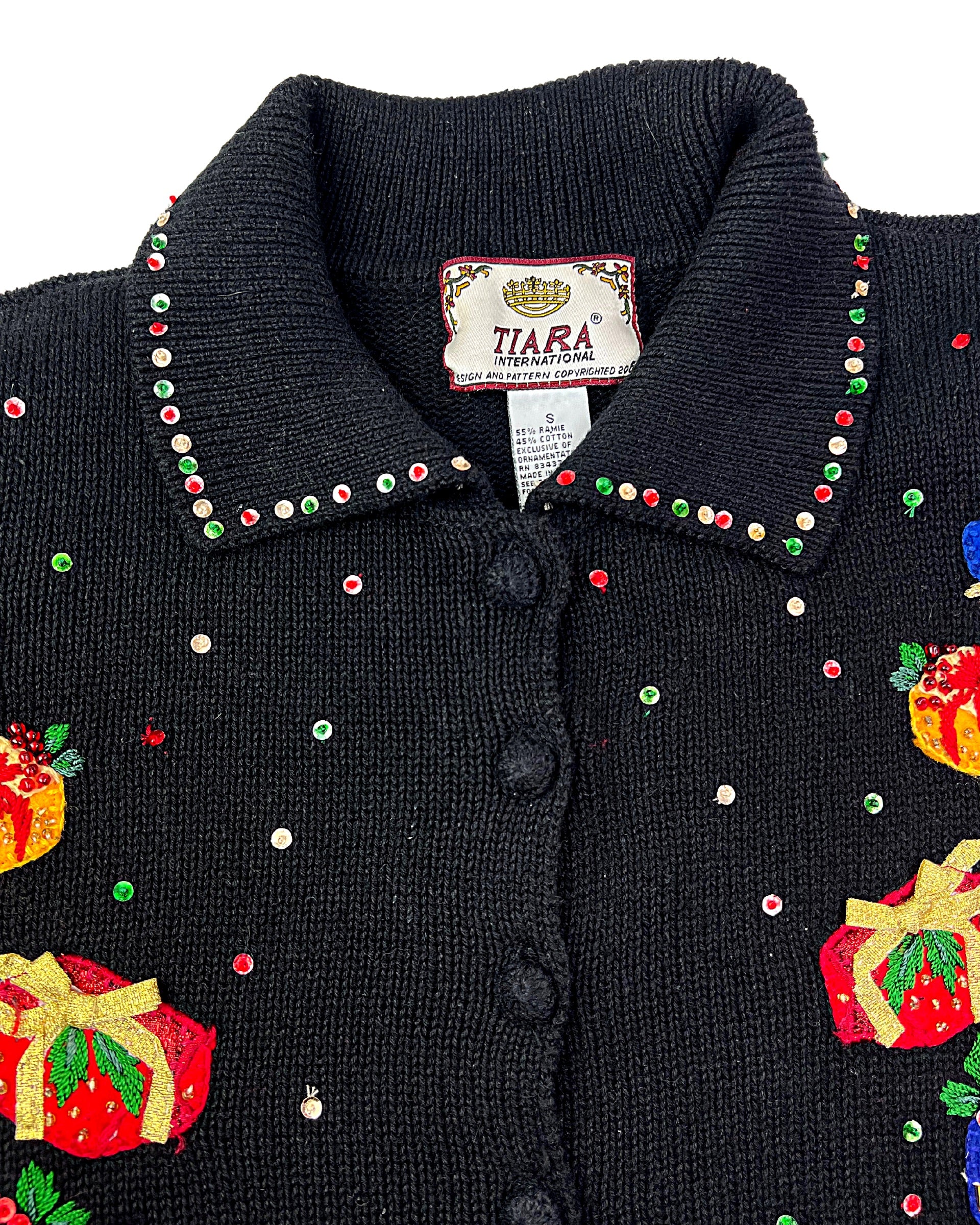 00s Ugly Christmas Sequin Santa Shawl Collar Sweater By Tiara International - Image 7