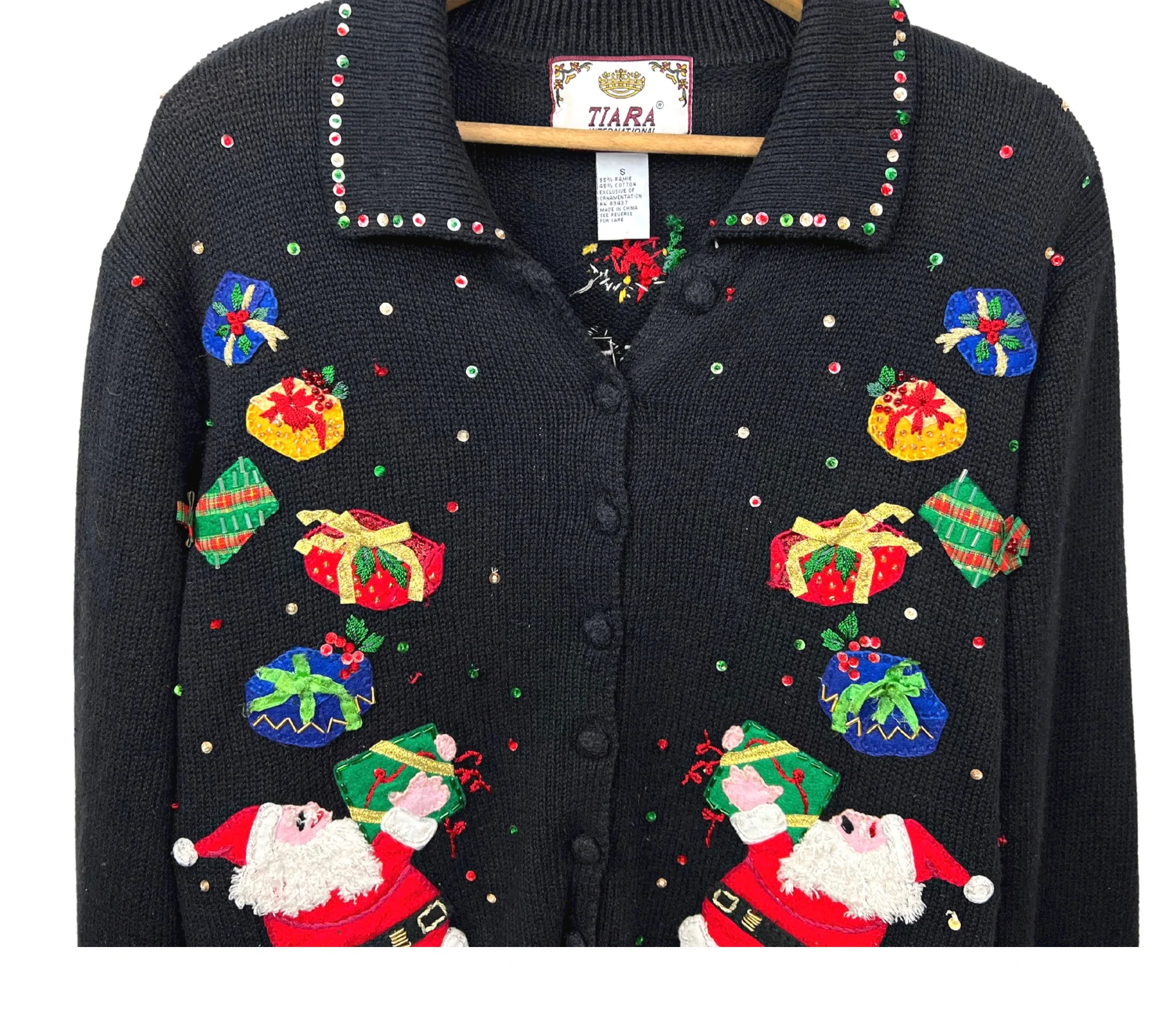 00s Ugly Christmas Sequin Santa Shawl Collar Sweater By Tiara International - Image 9
