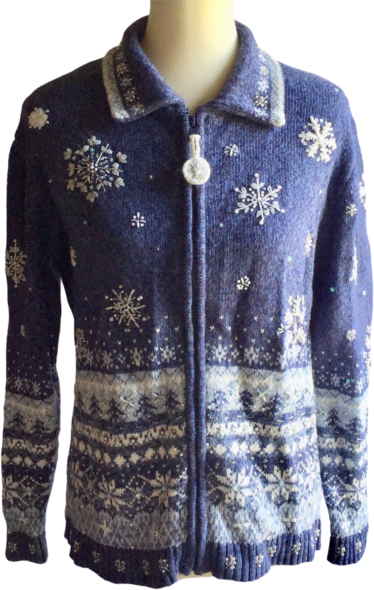 00s Ugly Christmas Zip Front Snowflake Cardigan By Heirloom Collectibles