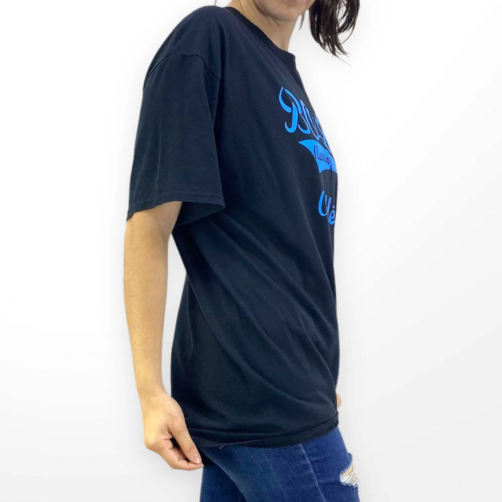 00s Vintage Black Bold Academy Athletics Round Neck Short Sleeve Tee by Jerzees - Image 3