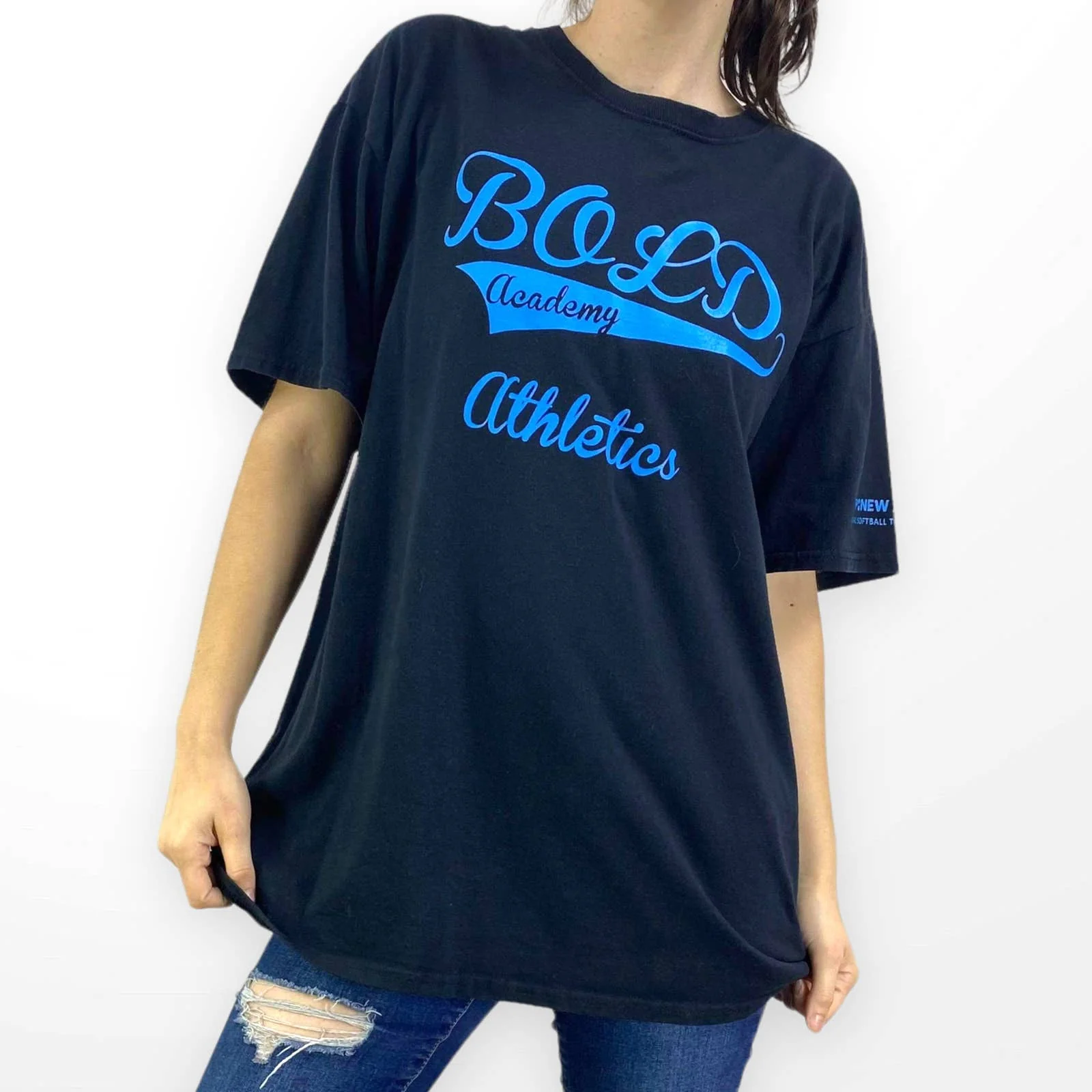 00s Vintage Black Bold Academy Athletics Round Neck Short Sleeve Tee by Jerzees - Image 6