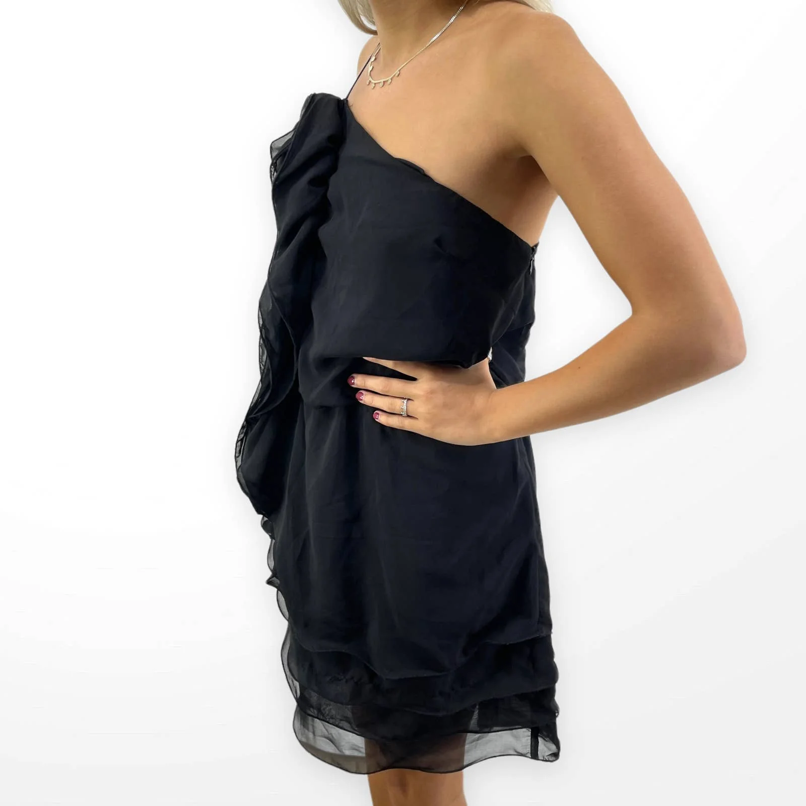 00s Vintage Black Ruffle One Shoulder Lined Mini Dress by Andree - Image 4