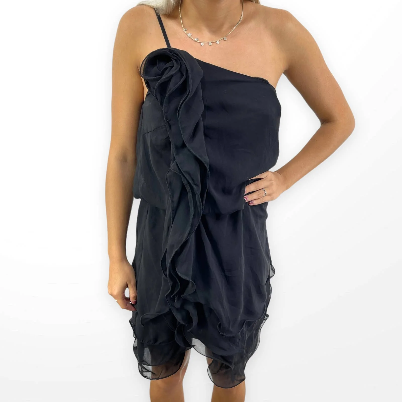00s Vintage Black Ruffle One Shoulder Lined Mini Dress by Andree - Image 8