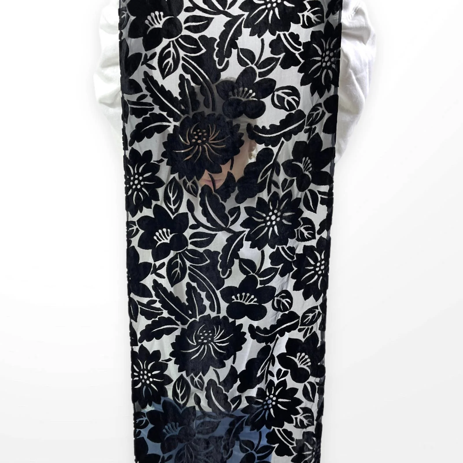 00s Vintage Black Sheer Floral Printed Scarf by Sotia Alimonos - Image 8