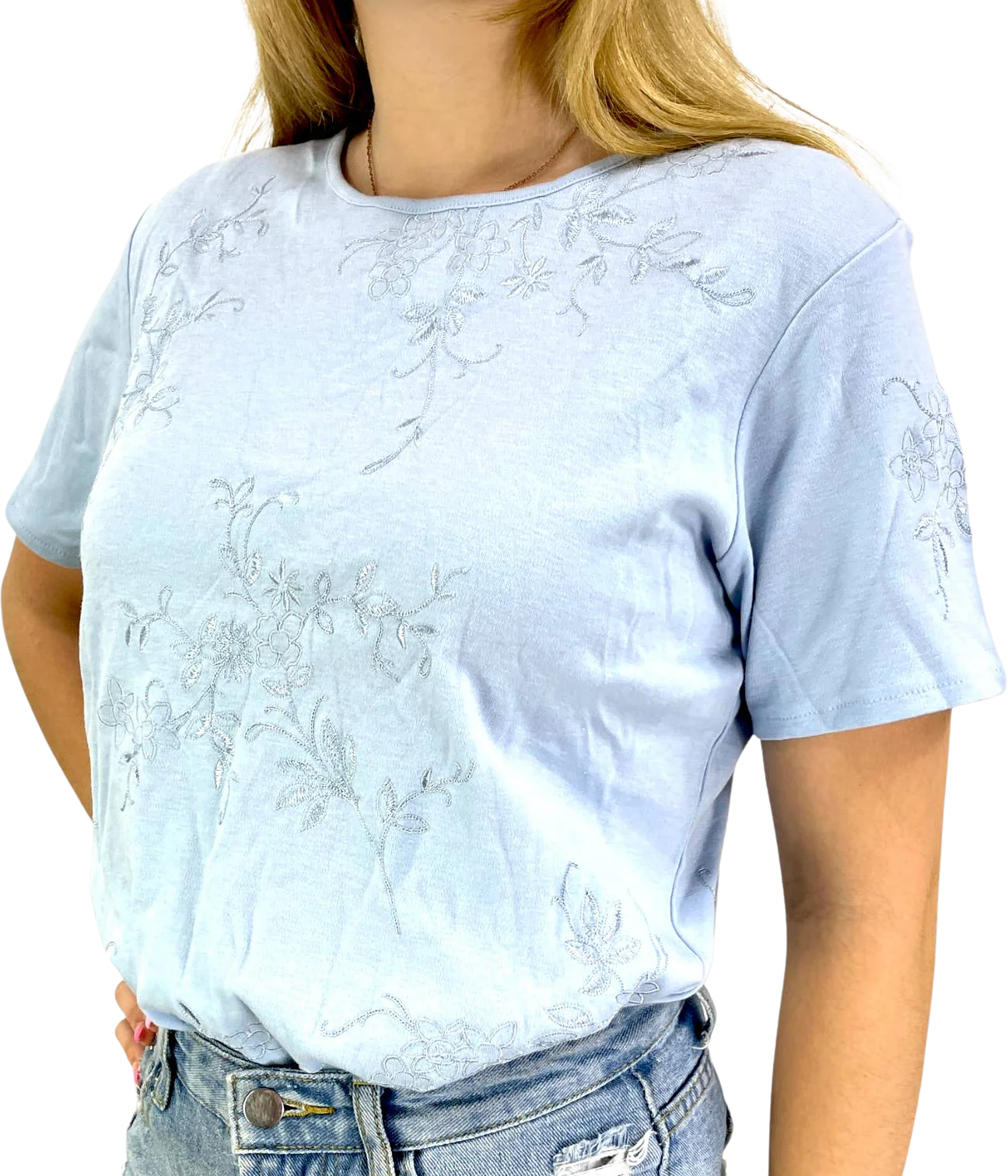 00s Vintage Blue Cotton Floral Embroidered Top by Coldwater Creek
