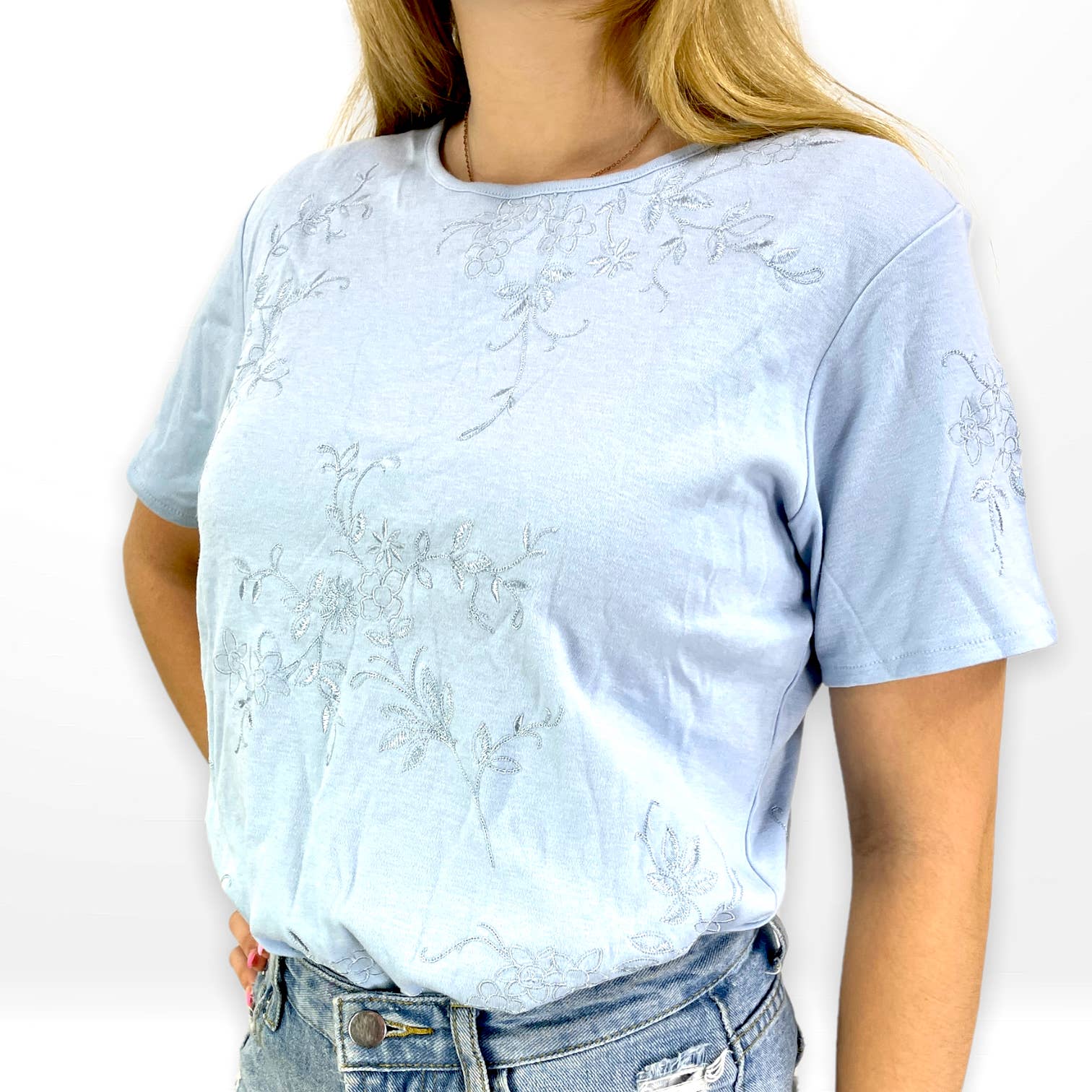 00s Vintage Blue Cotton Floral Embroidered Top by Coldwater Creek - Image 6