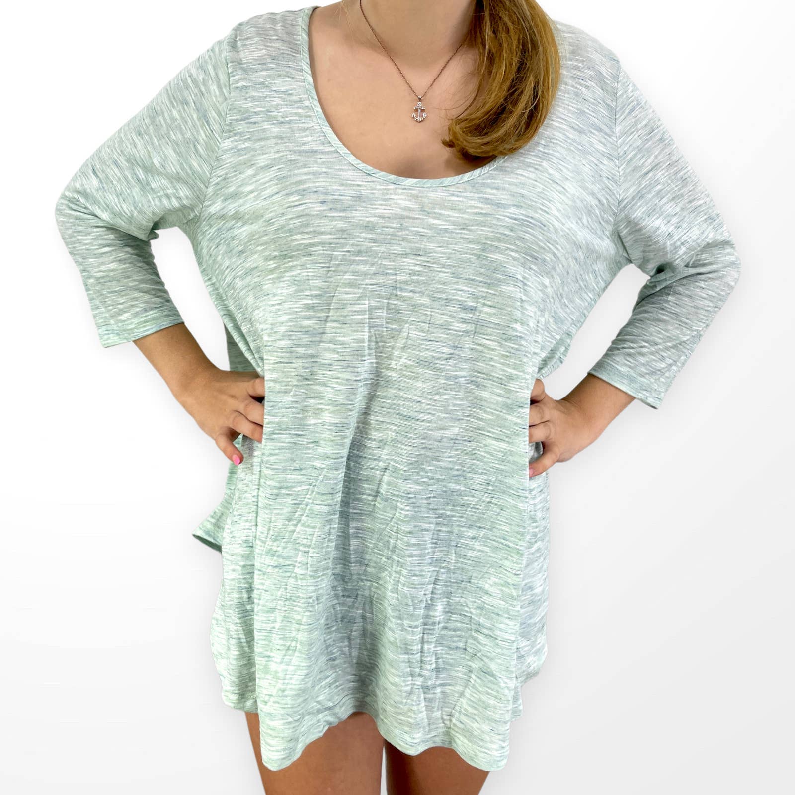 00s Vintage Blue Green Marled Scoop Neck Tunic Shirt Dress by Soprano - Image 6