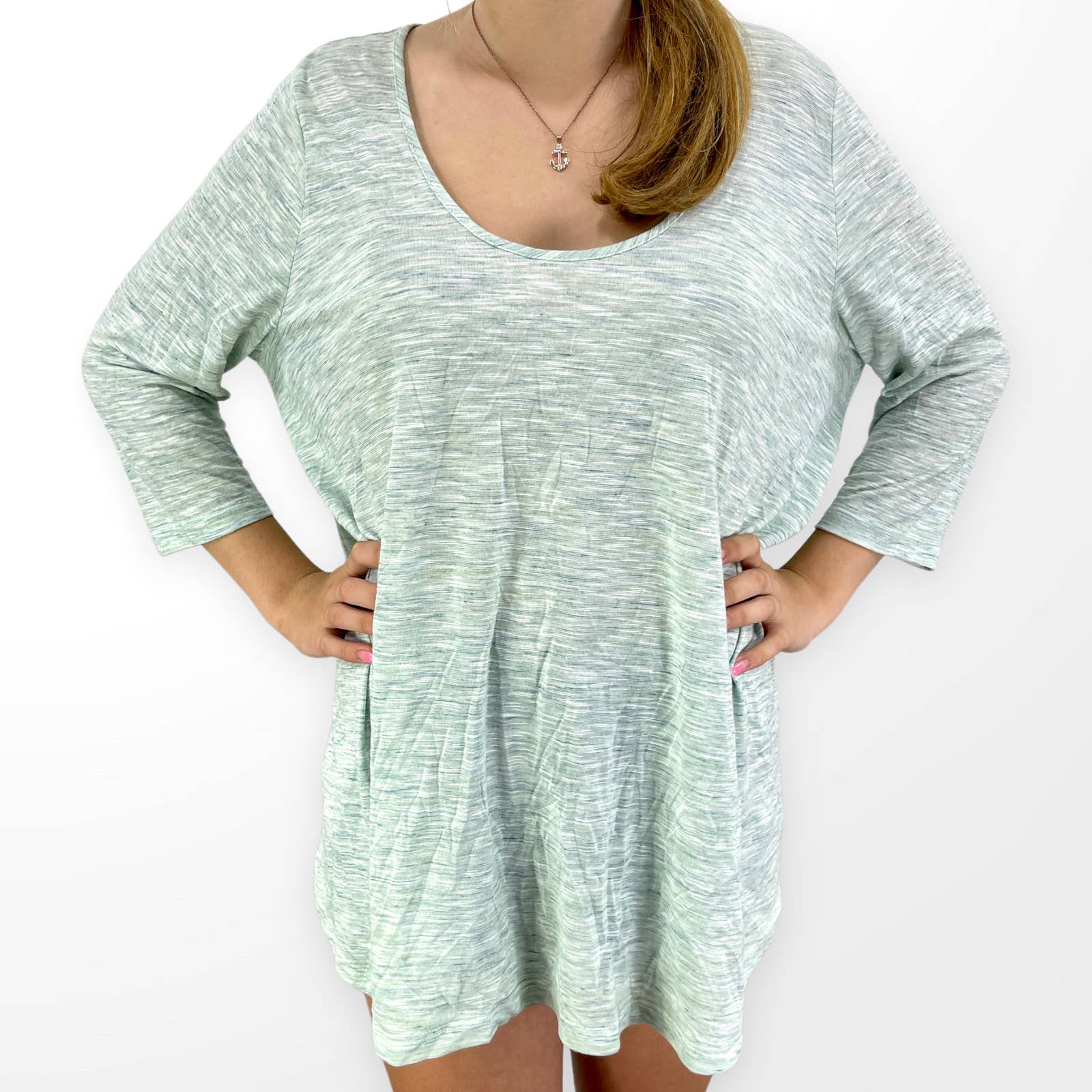 00s Vintage Blue Green Marled Scoop Neck Tunic Shirt Dress by Soprano - Image 7