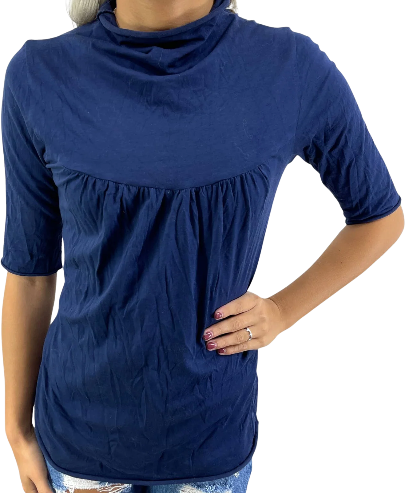 00s Vintage Blue Mock Neck Half Sleeve Blouse by Ben and Lucia