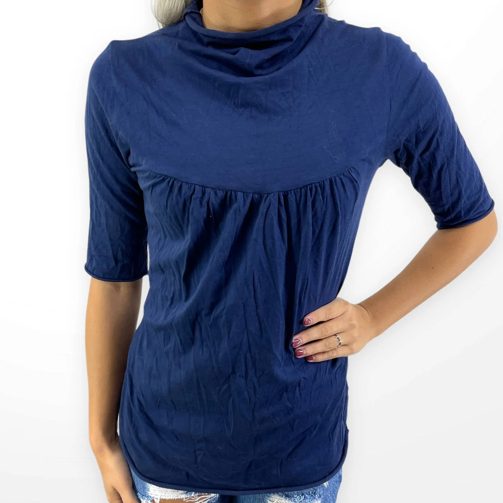 00s Vintage Blue Mock Neck Half Sleeve Blouse by Ben and Lucia - Image 6
