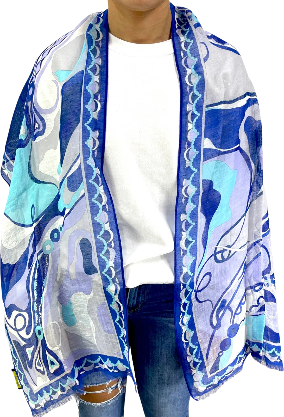 00s Vintage Blue White Abstract Rectangle Scarf by Emilio Pucci