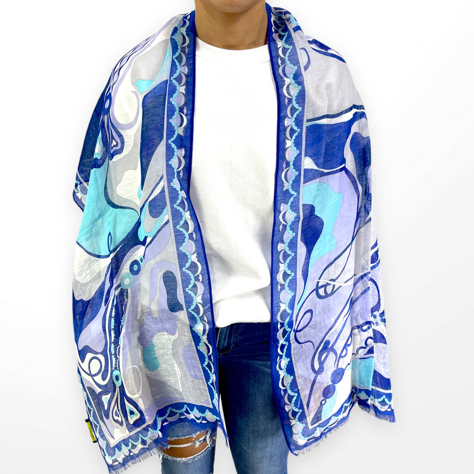 00s Vintage Blue White Abstract Rectangle Scarf by Emilio Pucci - Image 6