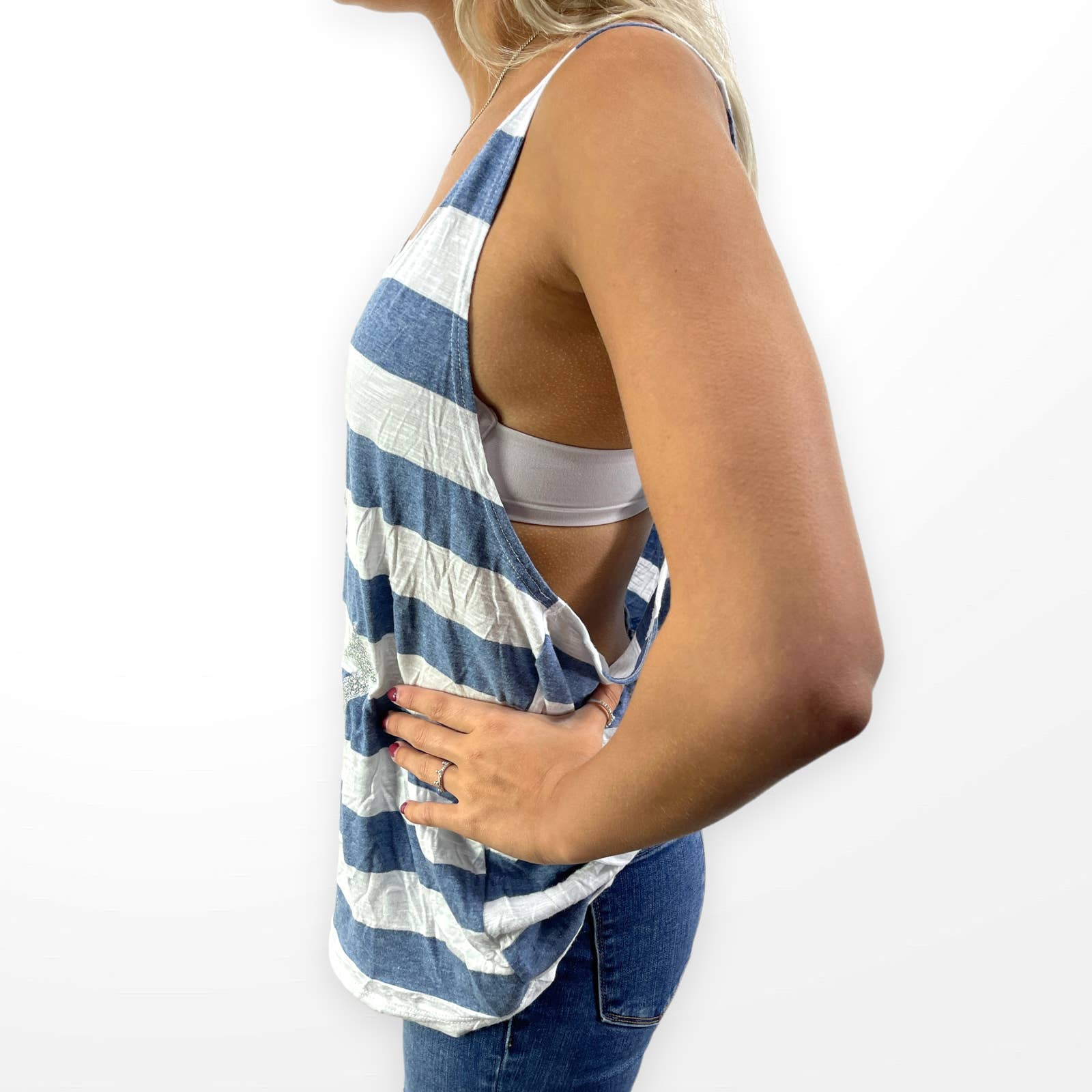 00s Vintage Blue White Striped Anchor Scoop Neck Tank Top by The Classic - Image 4