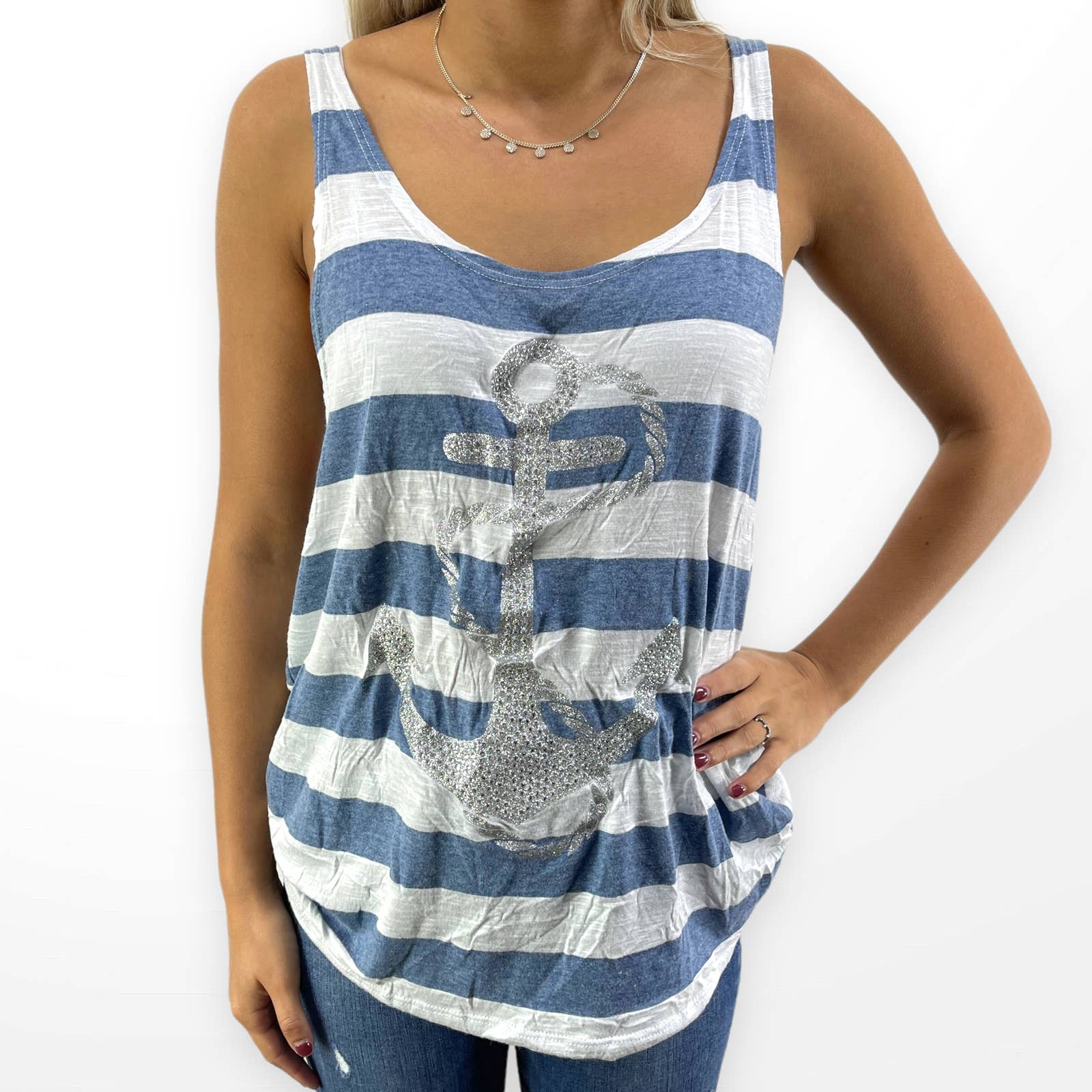 00s Vintage Blue White Striped Anchor Scoop Neck Tank Top by The Classic - Image 7
