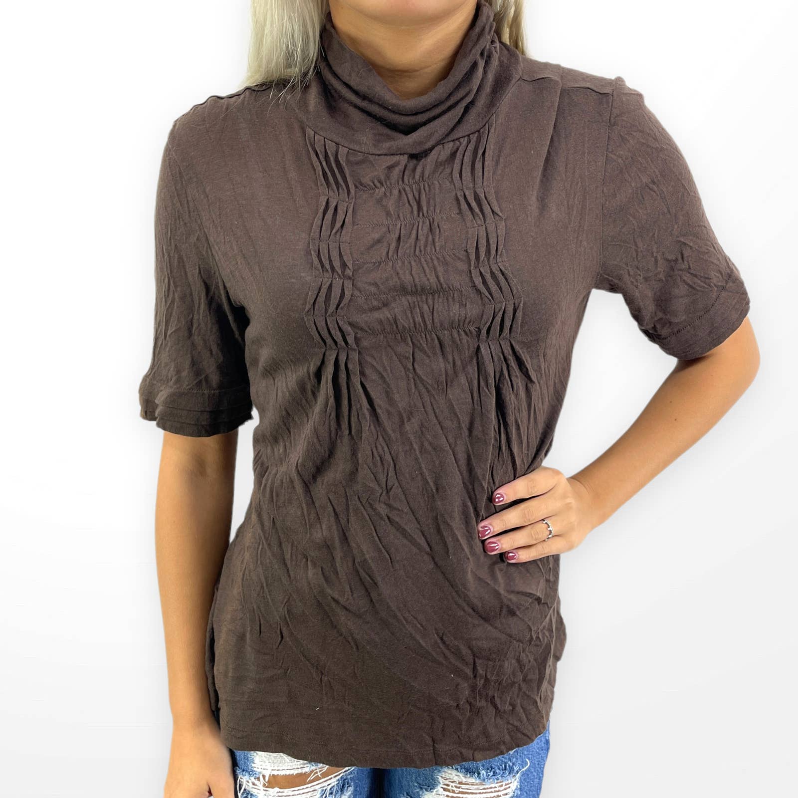 00s Vintage Brown Turtleneck Pin Tuck Half Sleeve Knit Top by Deletta - Image 6