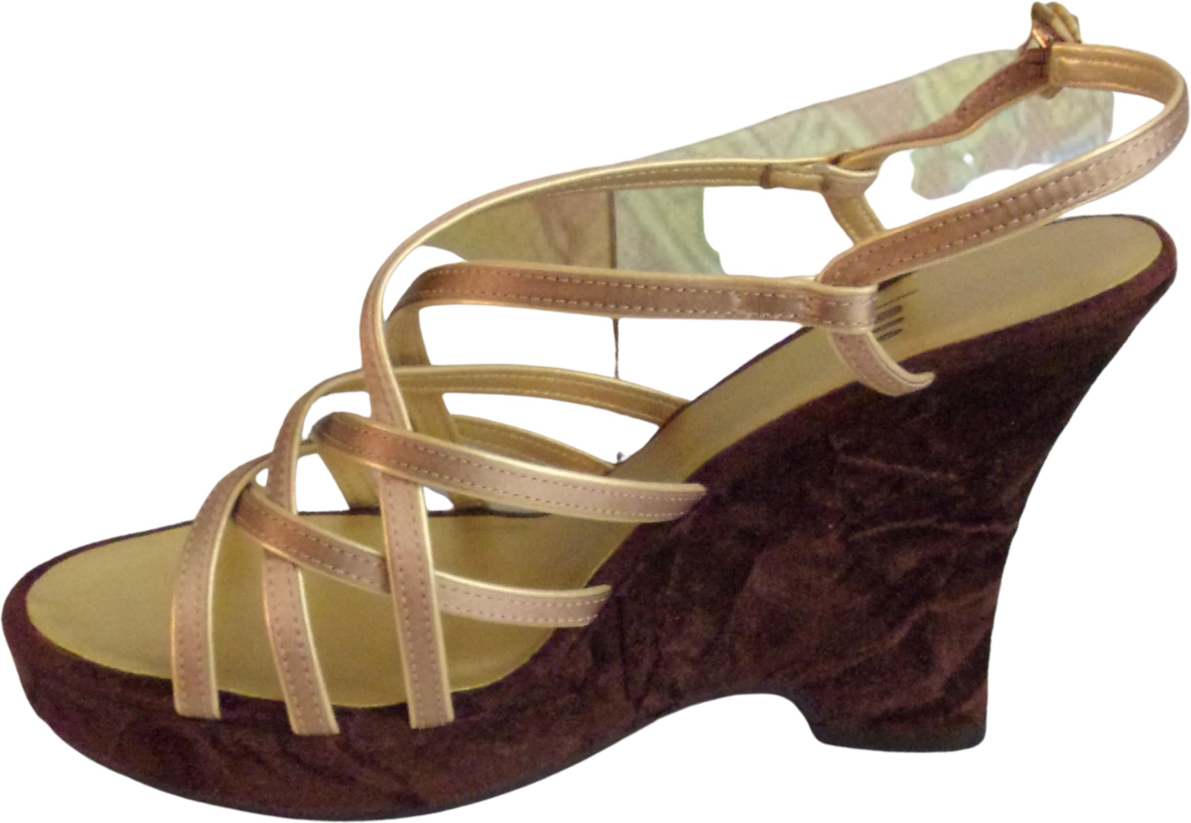 00s Vintage Crushed Velvet And Gold Strapy Wedges By Impo