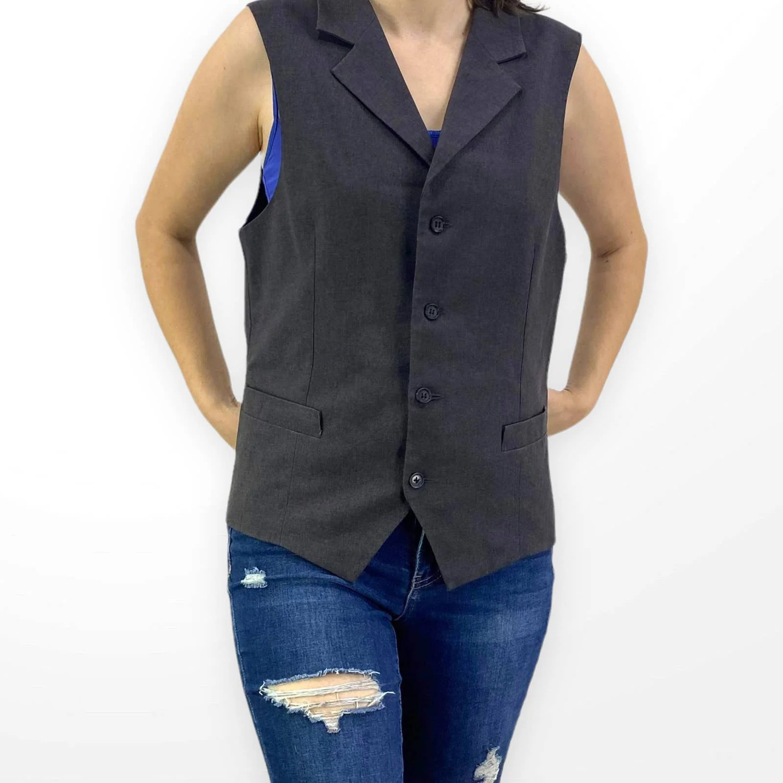 00s Vintage Gray Collared Sleeveless Blazer Vest by Kimpton - Image 5