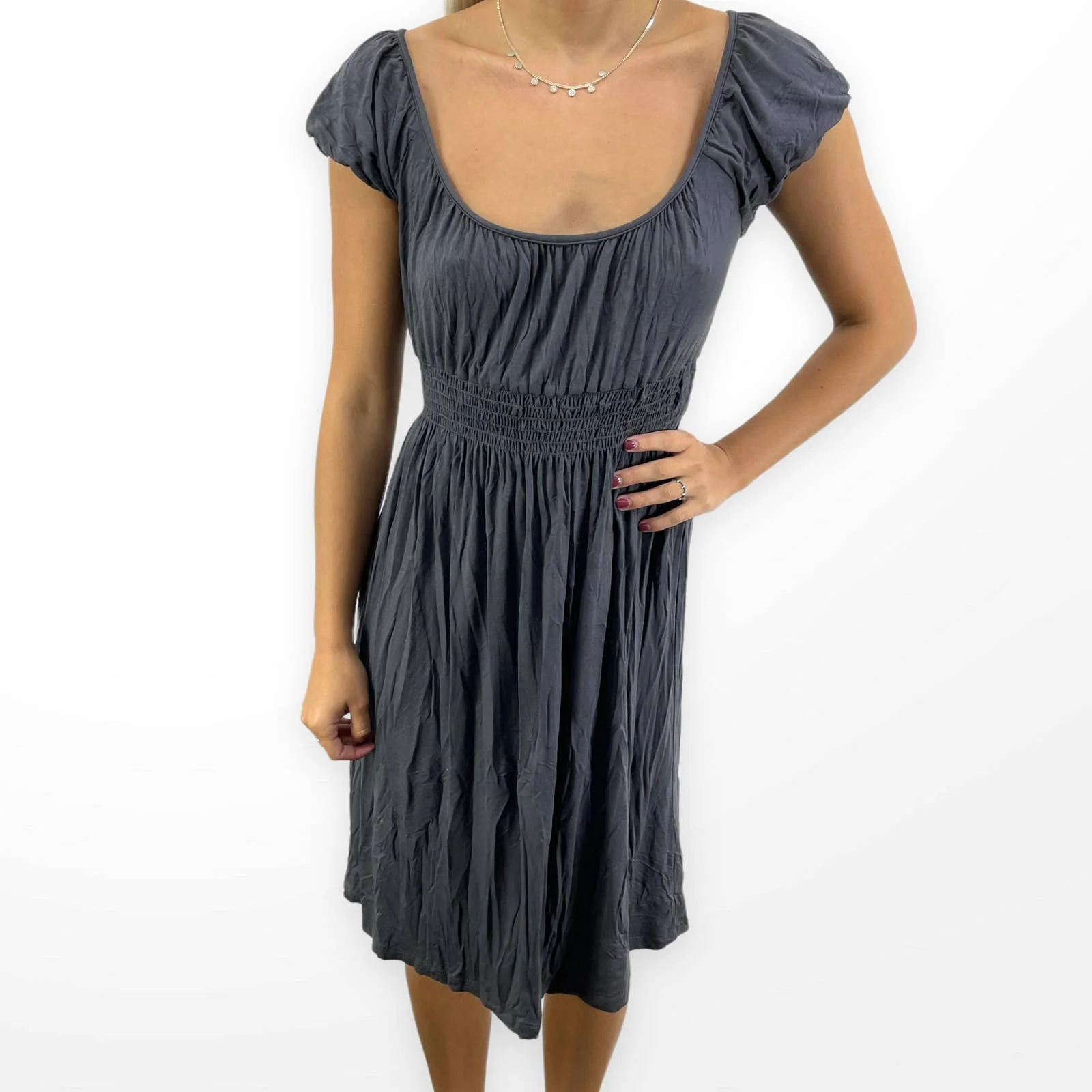 00s Vintage Gray Scoop Neck Cap Sleeve Knee Length Dress by Soprano - Image 6