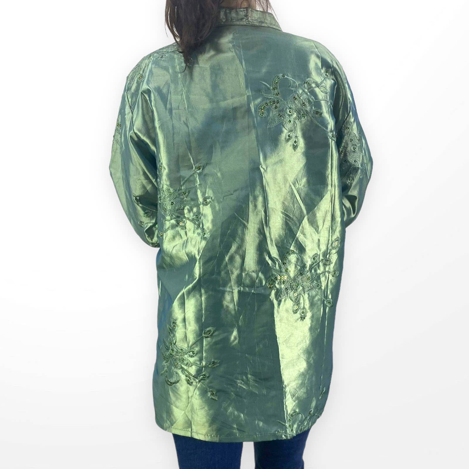 00s Vintage Green Chrome Embroidered Sequin Long Sleeve Button Up - Image 2