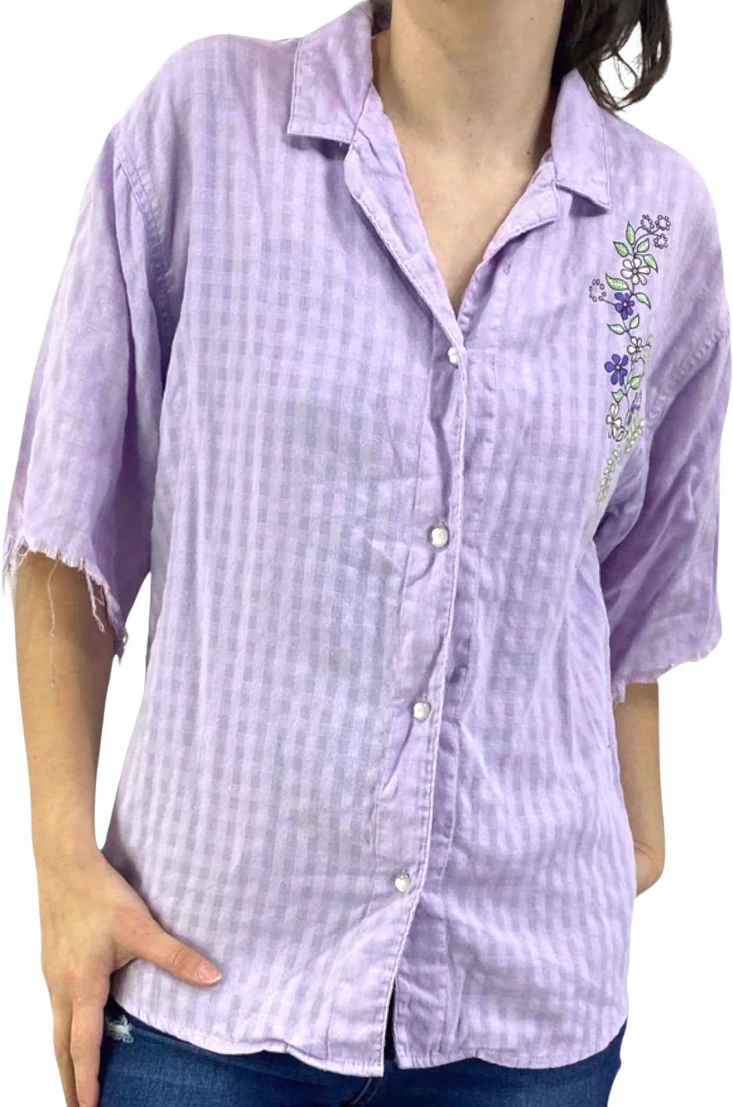 00s Vintage Purple Check Vloral Embroidered Distressed Sleeves Top