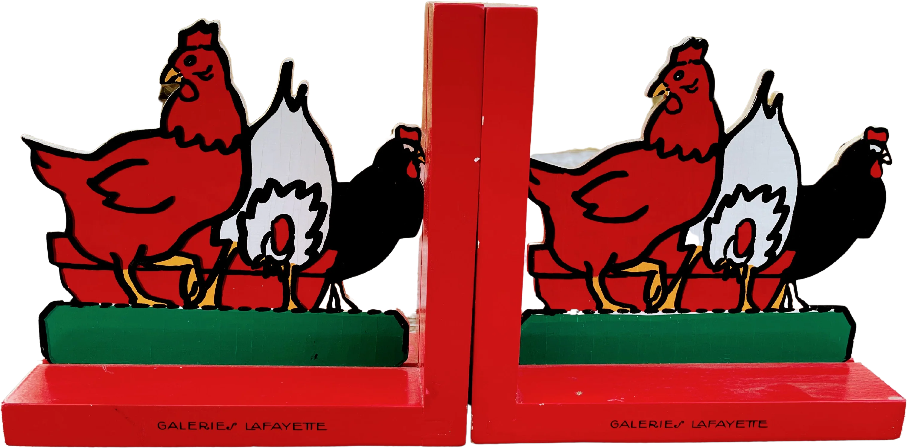 00s Vintage Red Chicken Roosters Bookends Wooden By French Galeries Lafayette