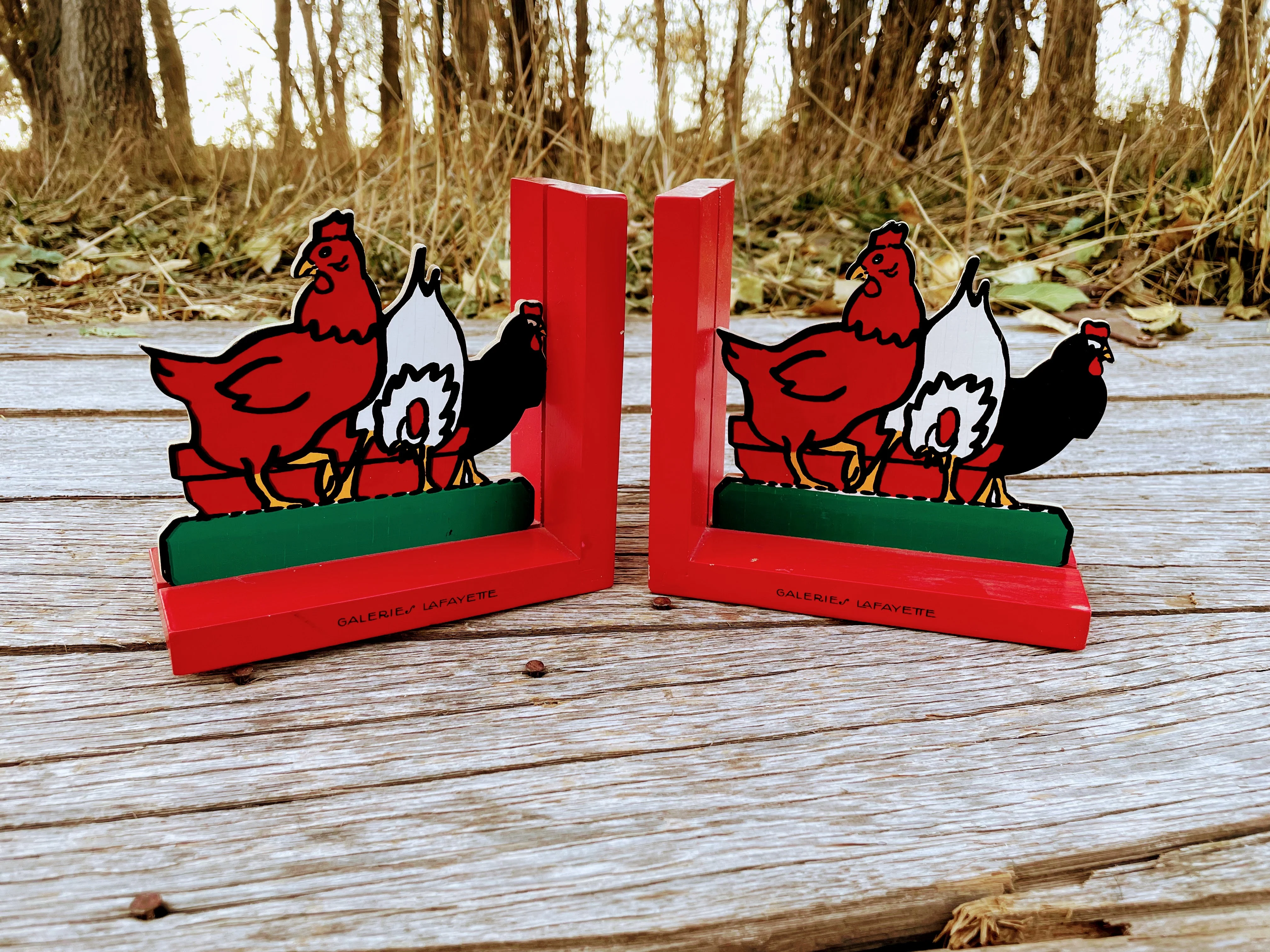 00s Vintage Red Chicken Roosters Bookends Wooden By French Galeries Lafayette - Image 8