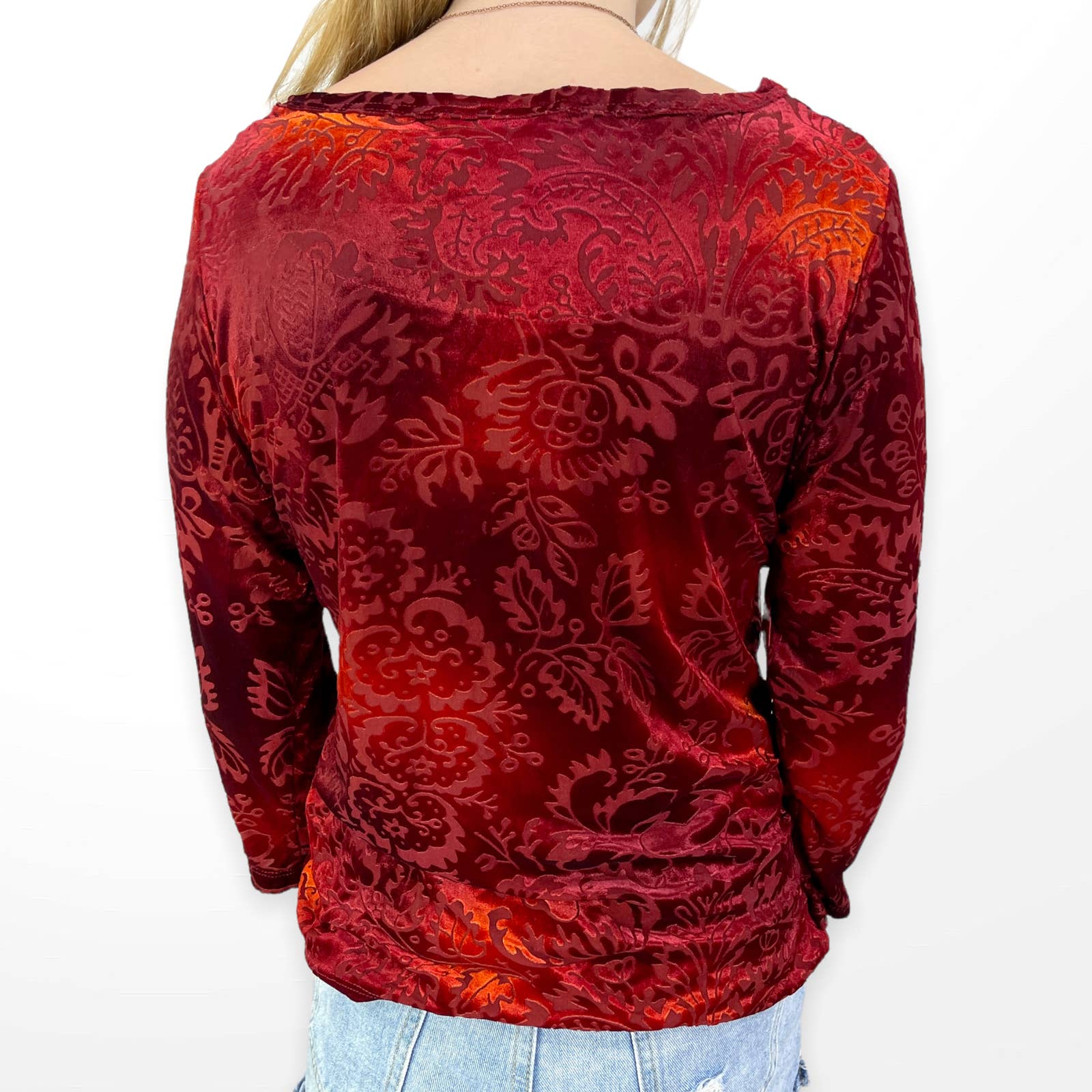 00s Vintage Red Velvet Floral Debossed Long Sleeve Top by Coldwater Creek - Image 2