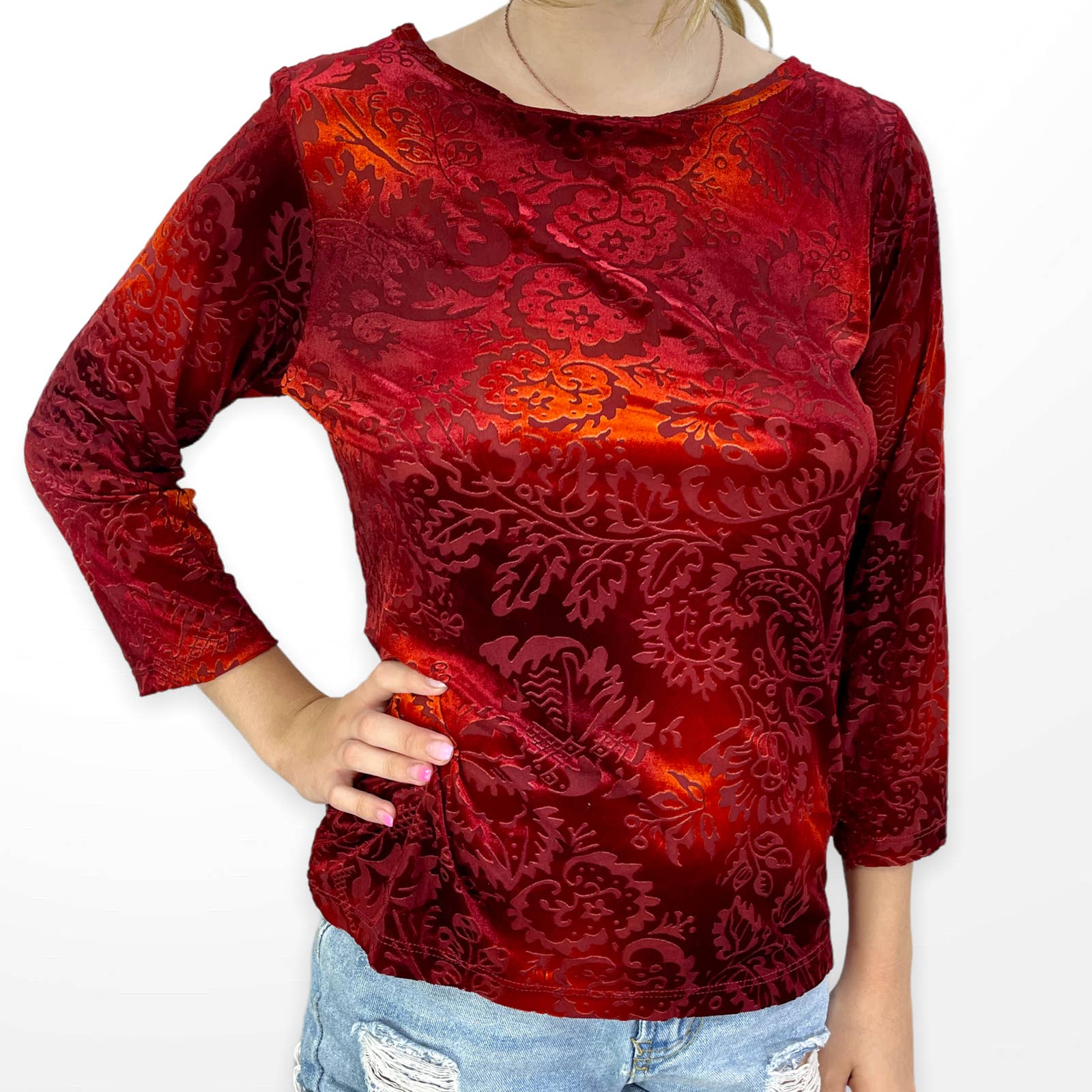 00s Vintage Red Velvet Floral Debossed Long Sleeve Top by Coldwater Creek - Image 7