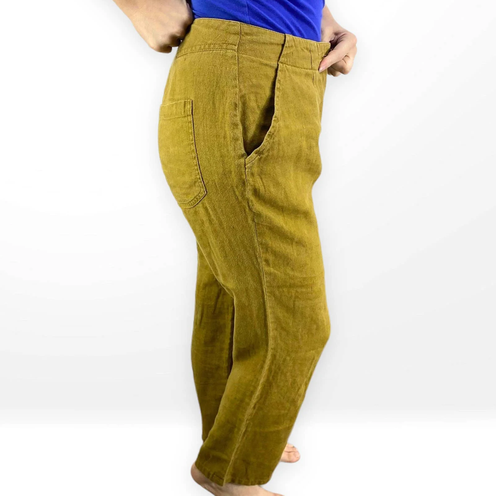 00s Vintage Yellow Linen High Rise Straight Leg Trousers - Image 3