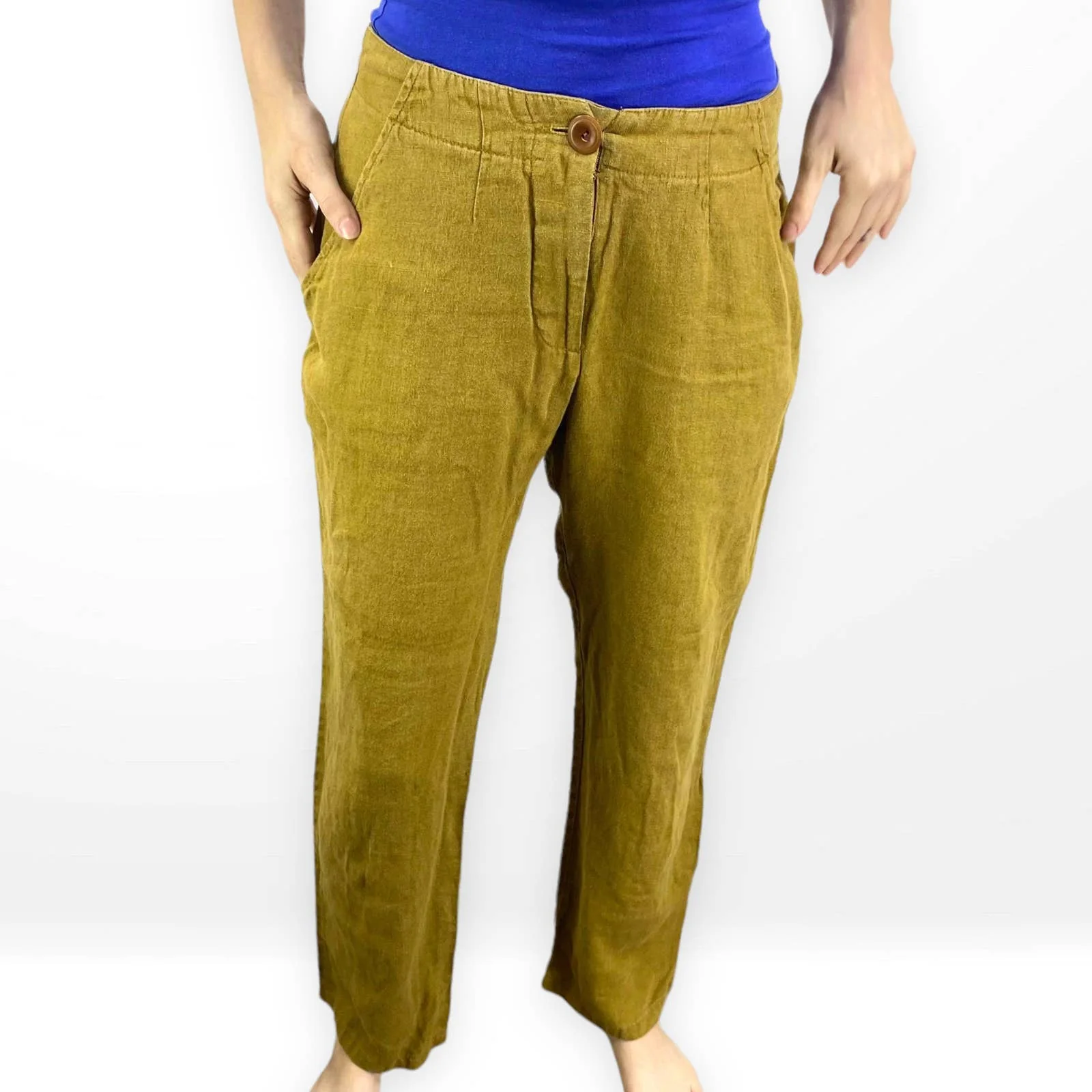 00s Vintage Yellow Linen High Rise Straight Leg Trousers - Image 5