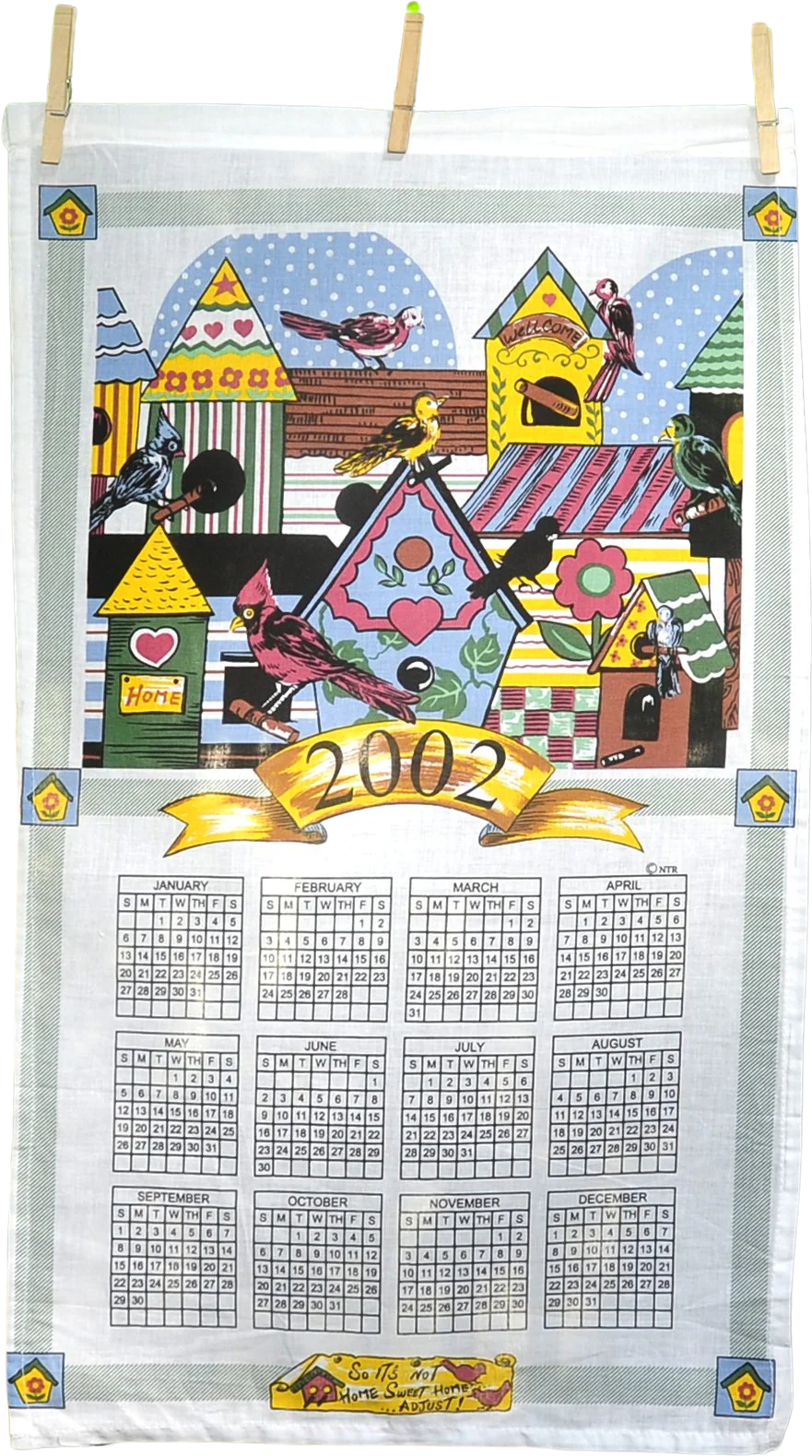 00s Vtg 2002 Birdhouses Garden Birds Calendar Towel