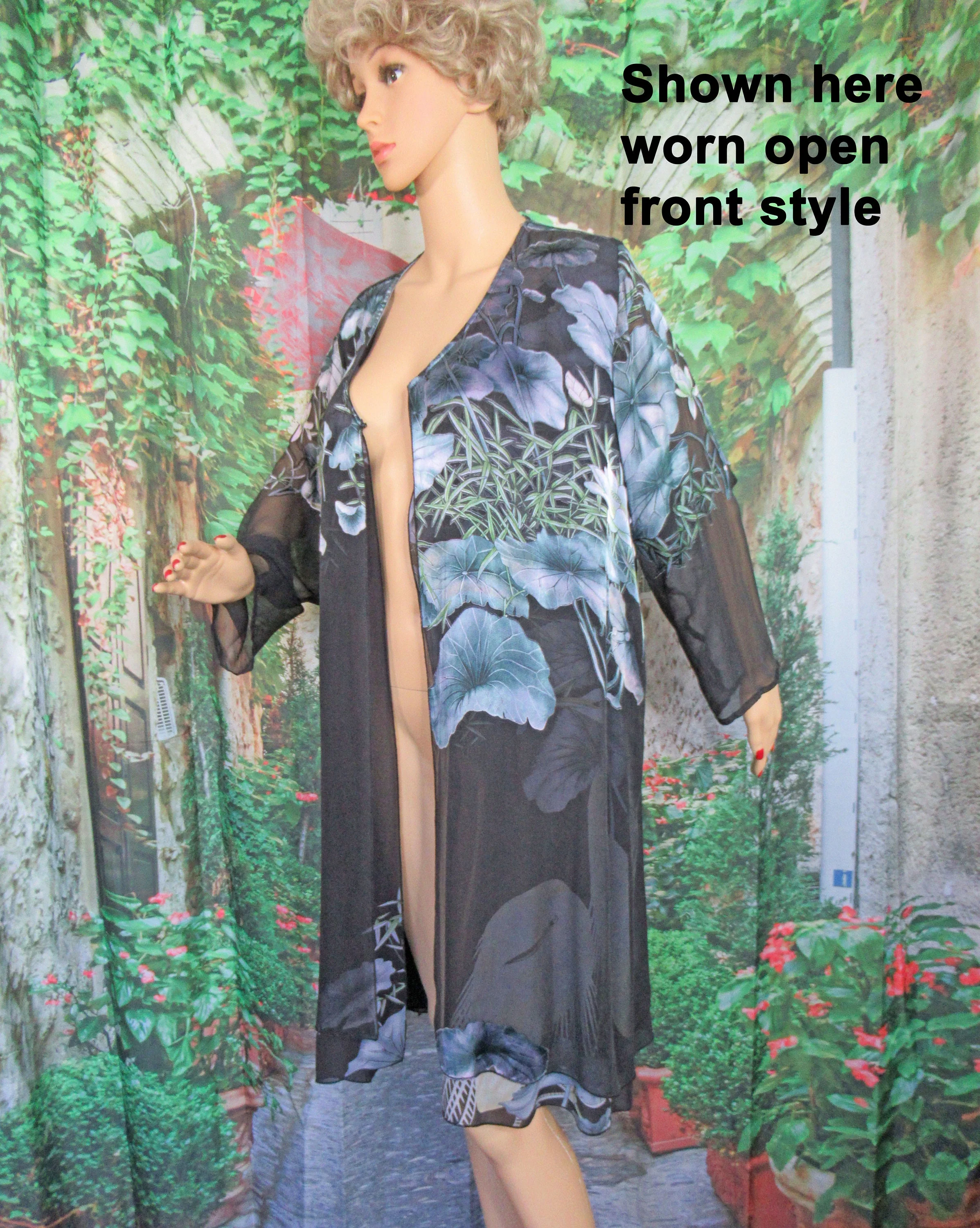 1 Size Fits Many Cover Up Citron Santa Monica Silk / Rayon Fabric, 2 Layer Sheer Dress Length, Sheer Sleeve, Floral Design On Black, Vtg - Image 5