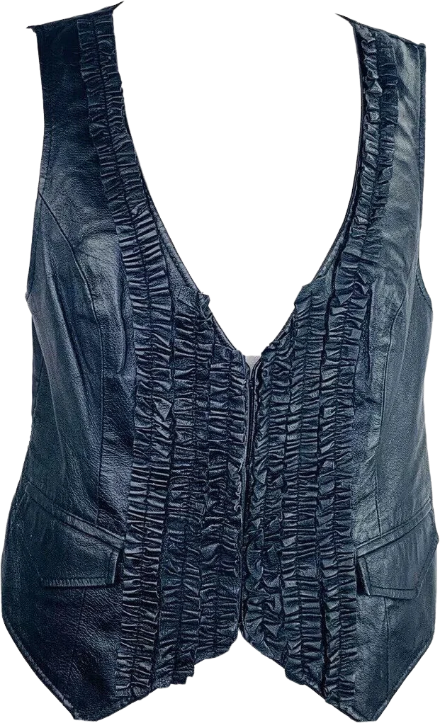 100% Leather Ruffled Vest Size 8 M Black Festival Urban Cowboy by Newport News